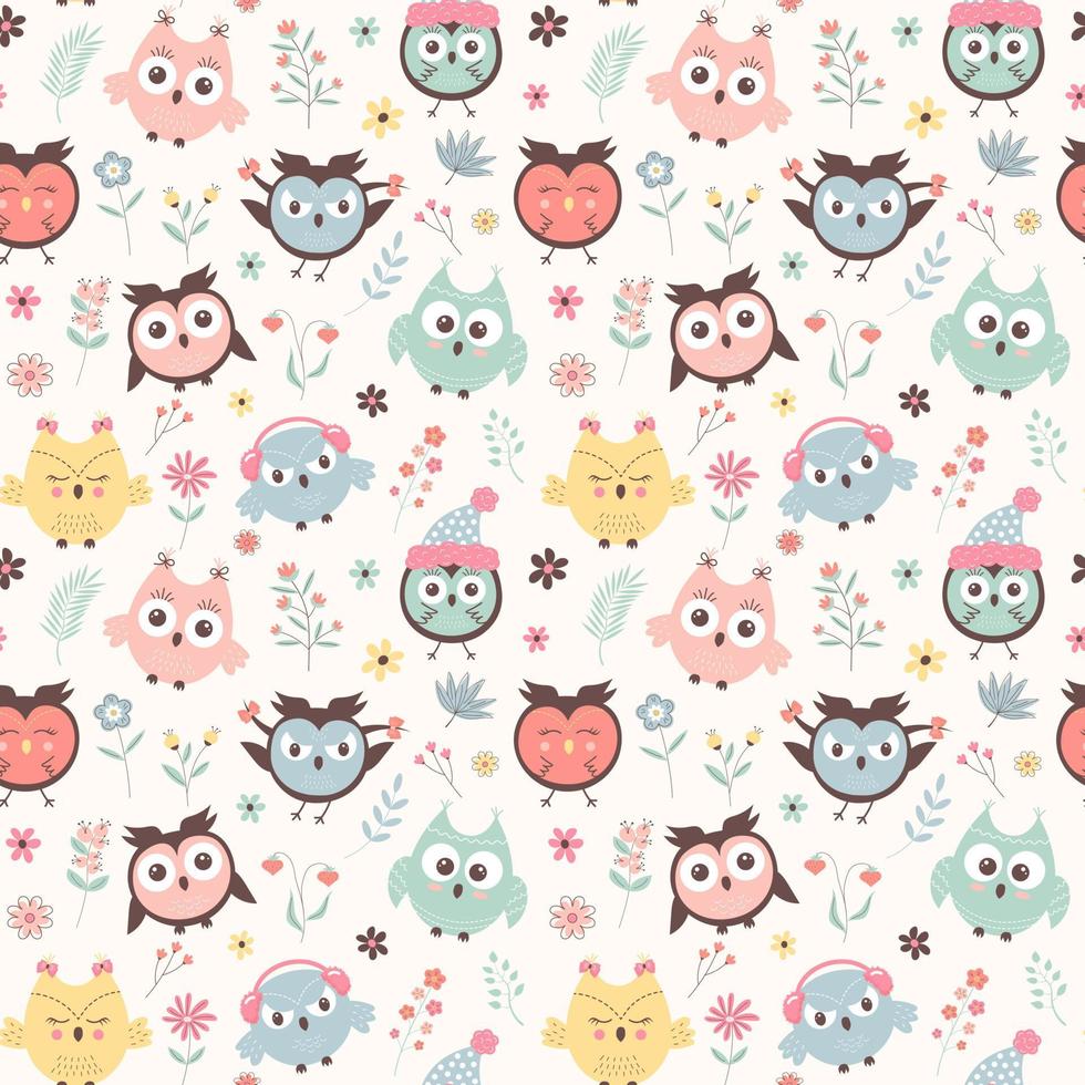 Cute owls and flowers seamless pattern. Scandinavian boho print. Creative kids texture for fabric, wrapping, textile, wallpaper, apparel. vector
