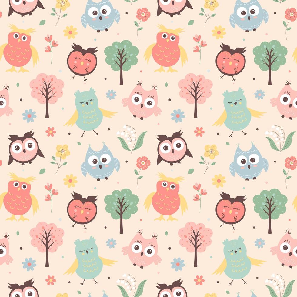 Seamless pattern with cute owls, trees and flowers. Scandinavian boho print for textile and wrapping. vector