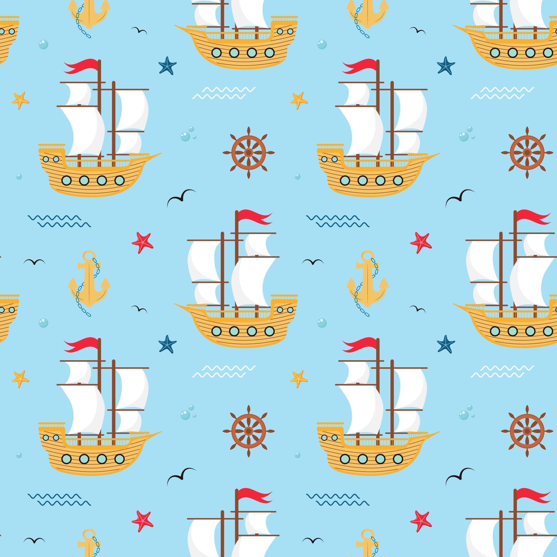 Seamless pattern with sailboat, anchor, steering wheel, starfish, waves