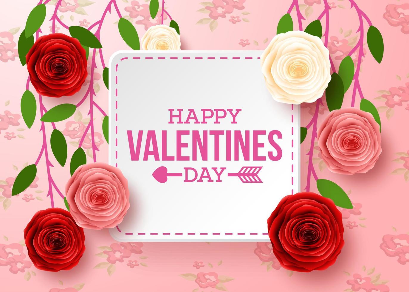 tarjeta de felicitación del día de san valentín con flor de rosa y fondo de corazones vector