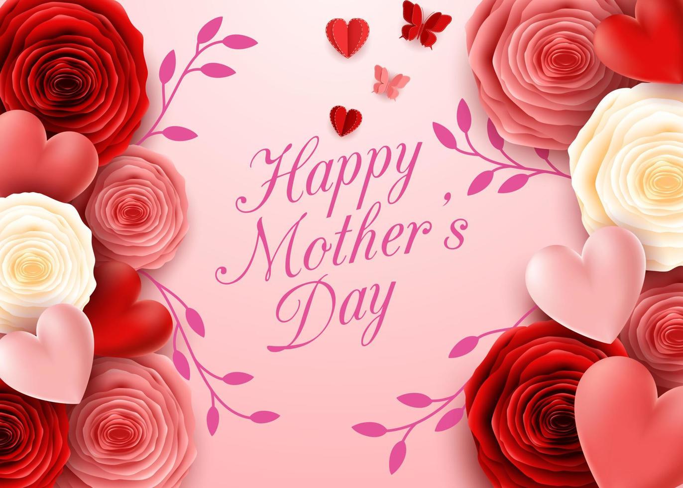 Happy Mother's Day with rose flowers and hearts vector