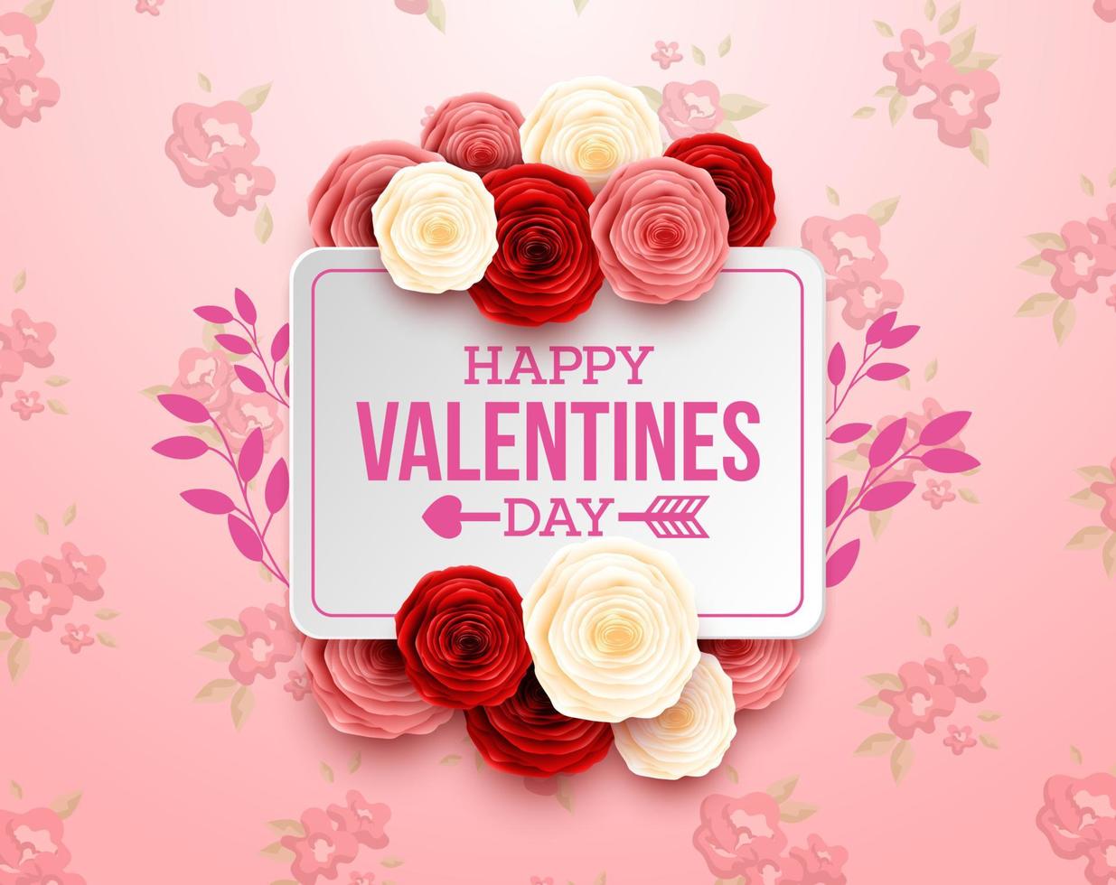 tarjeta de felicitación del día de san valentín con flor de rosa y fondo de corazones vector