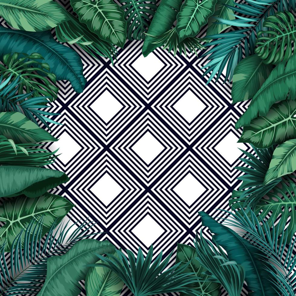 Green summer with tropical leaves and flowers on pattern striped background vector