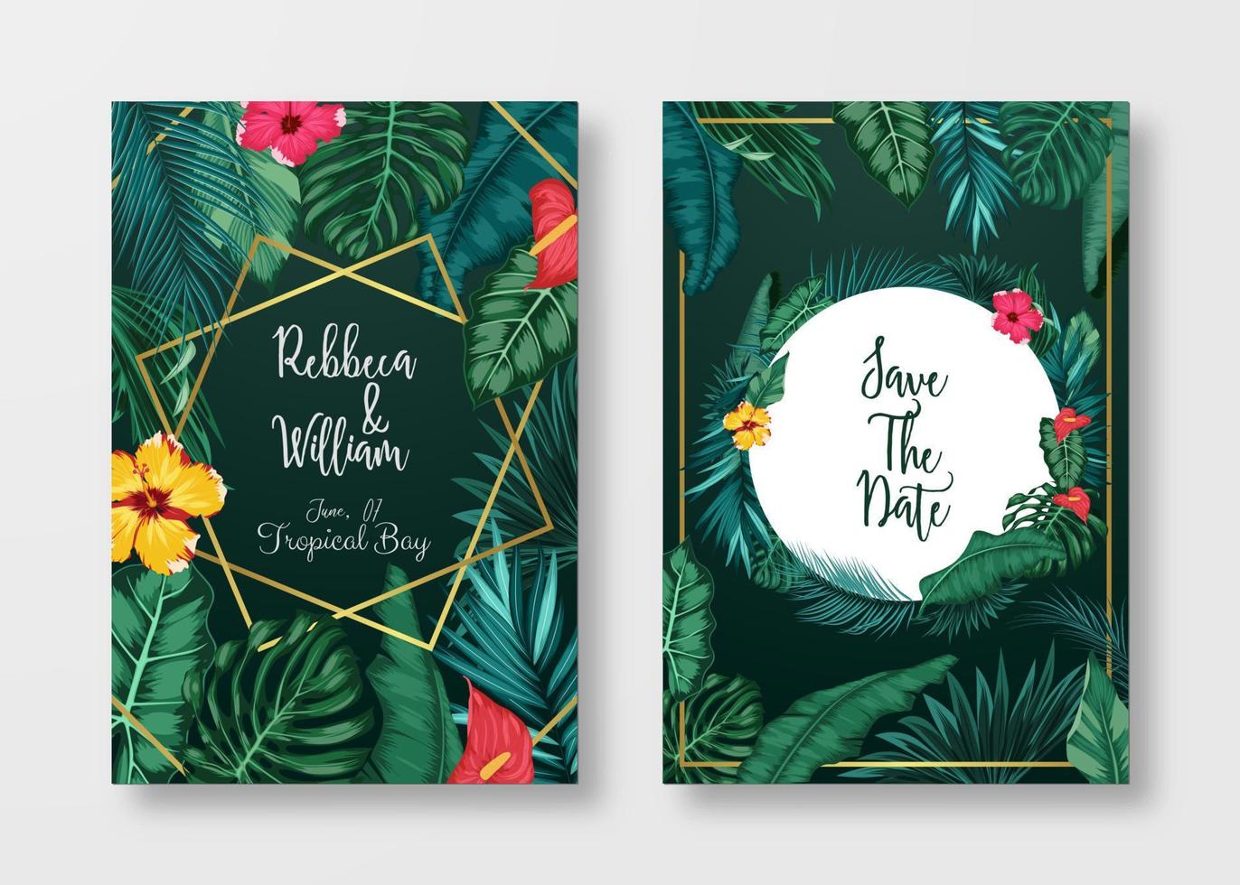conjunto de tarjetas florales invitación de boda, guardar la fecha y el marco vector