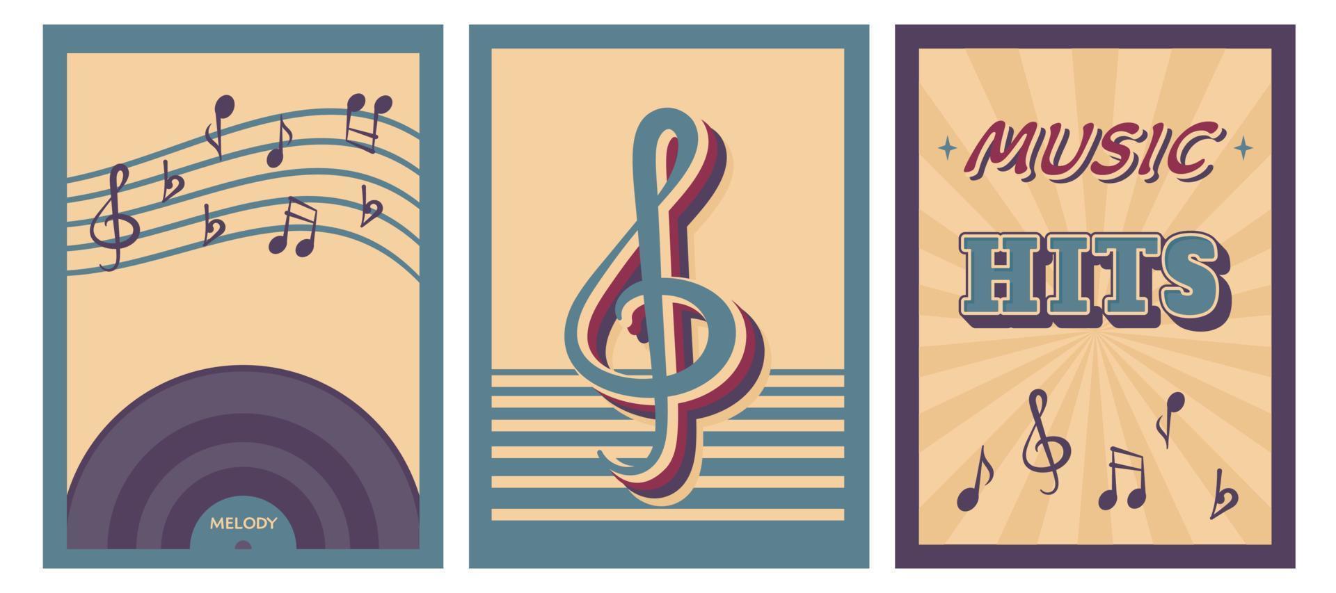 Retro music poster. Set of vintage background with musical disc, notes, lettering. Vector illustration for banner, flyer, placard, disco party, festival, invitation, advertising.