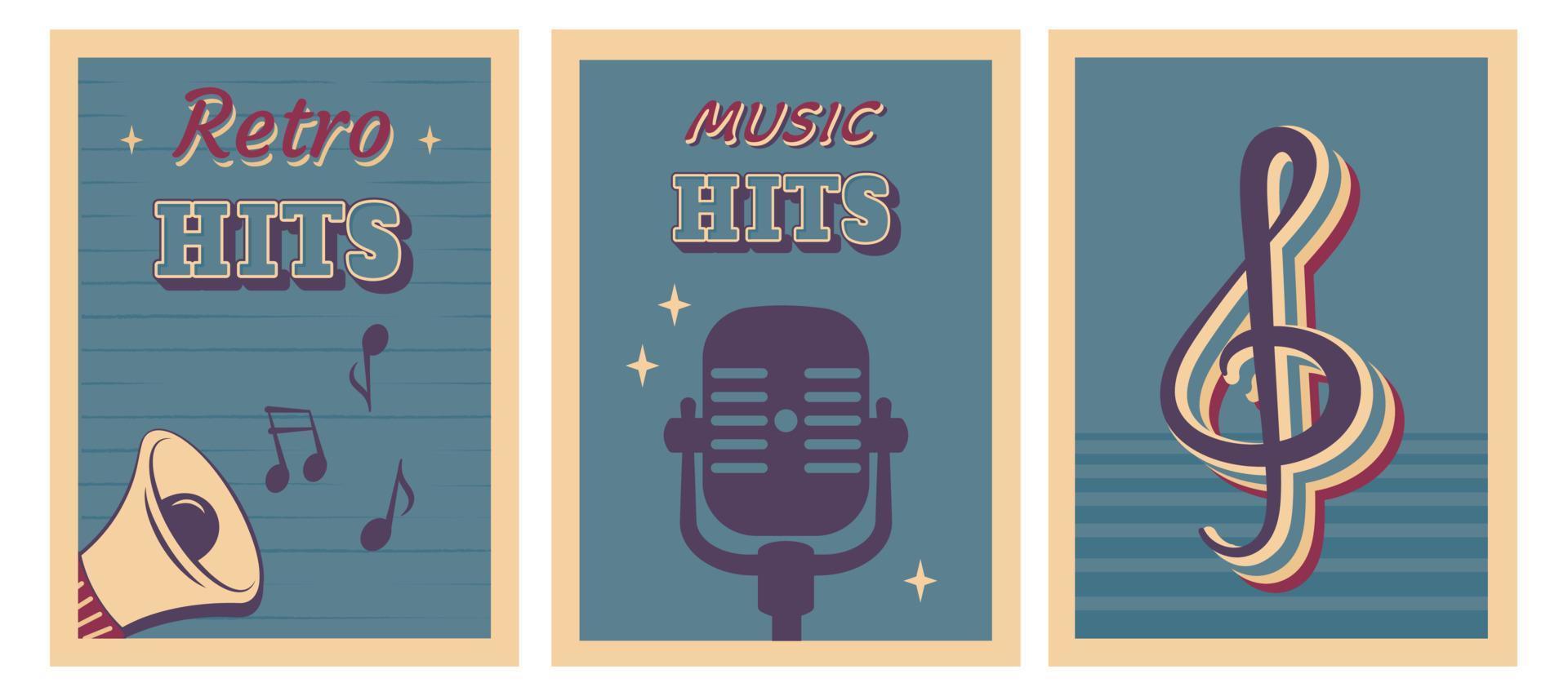 cartel de música retro. conjunto de antecedentes antiguos con notas musicales, micrófono, altavoz, letras. ilustración vectorial para banner, volante, cartel, fiesta disco, festival, invitación, publicidad. vector