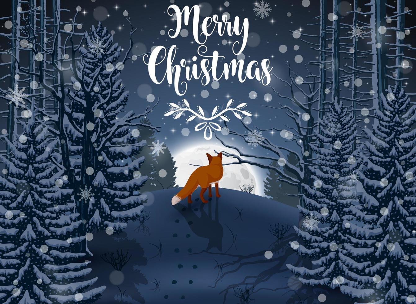 Happy Winter with evening Forest Landscape and fox animal vector