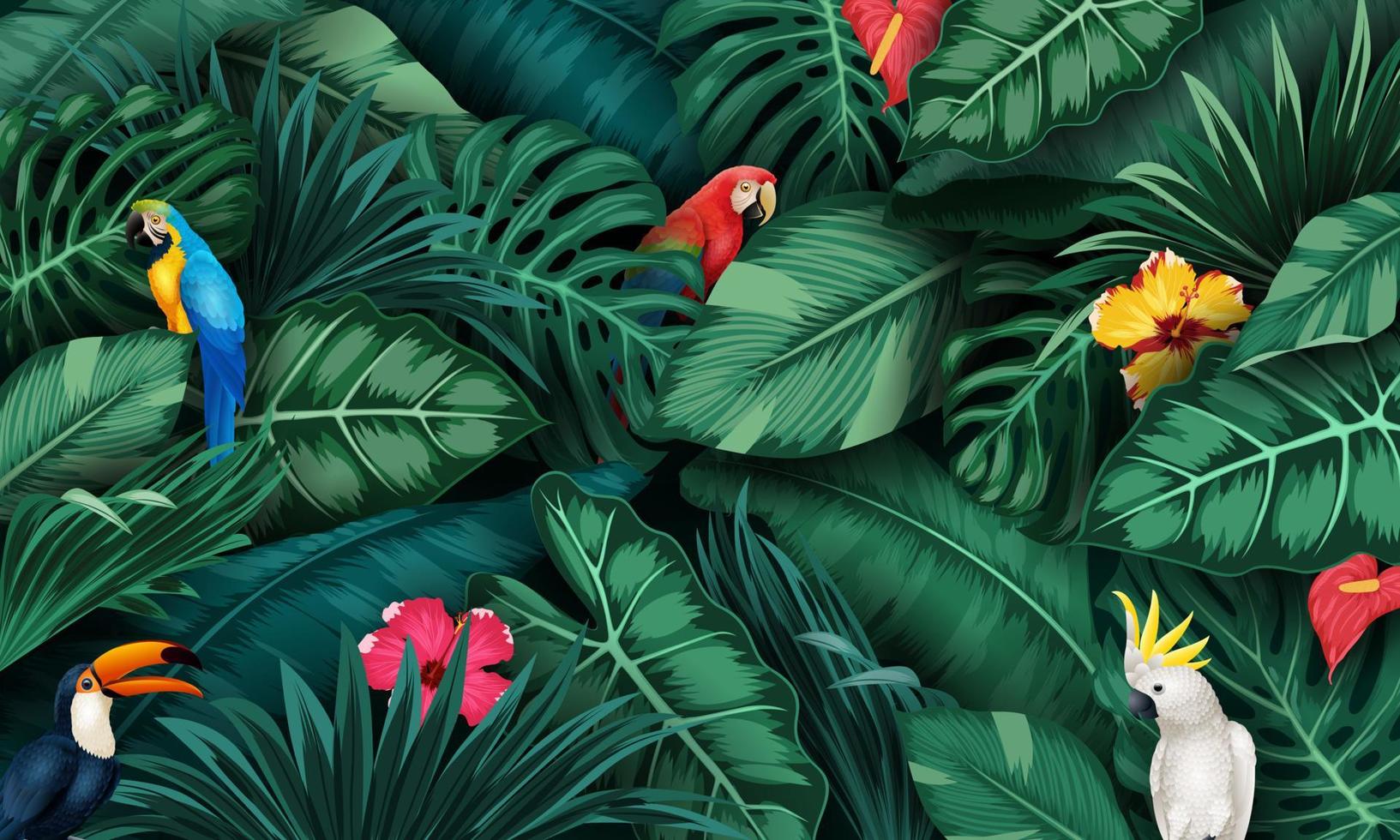 Tropical plants and birds collection set vector