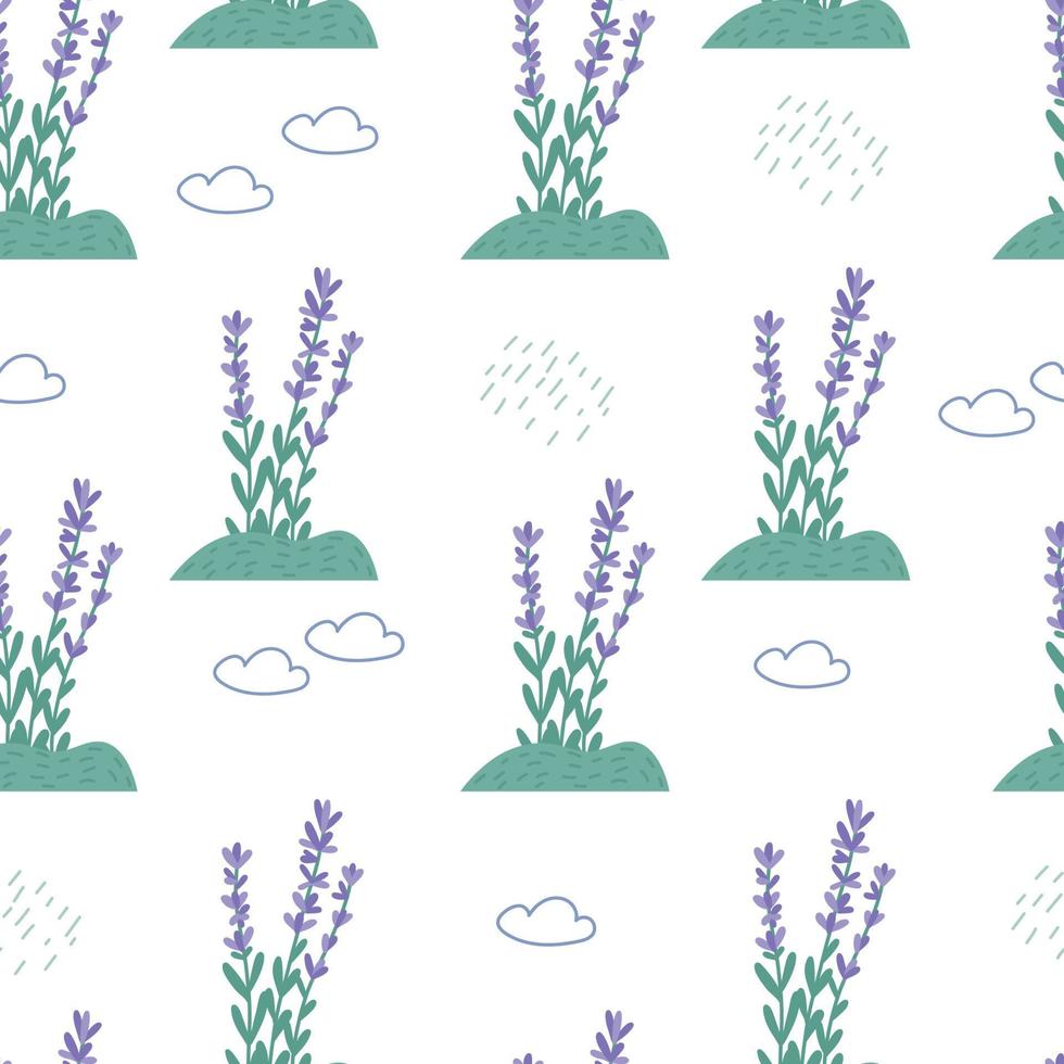 Cute lavender pattern with cloud and rain, flat vector illustration on white background. Hand drawn floral wallpaper with flowers and plants. Elegant provence herbs.