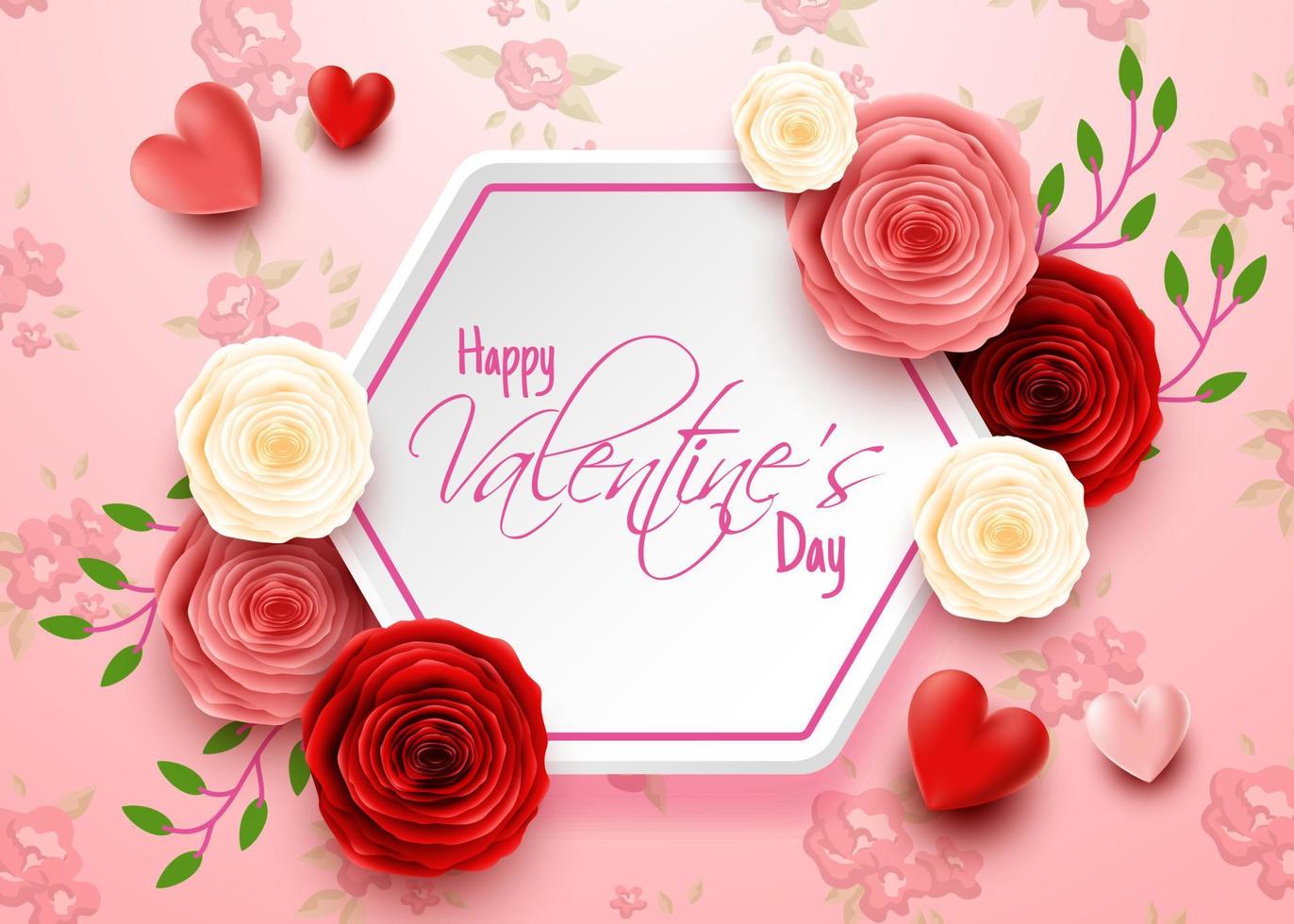 tarjeta de felicitación del día de san valentín con flor de rosa y fondo de corazones vector