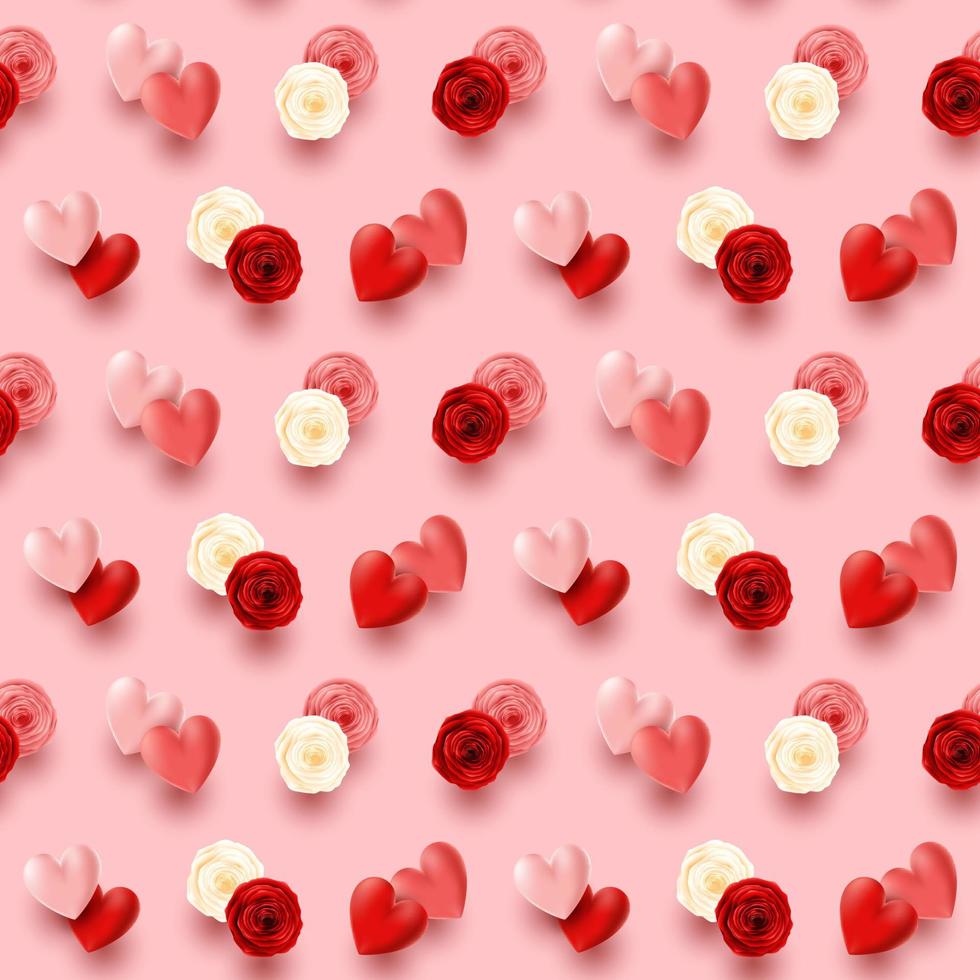 Set of hearts and flowers on pink background vector