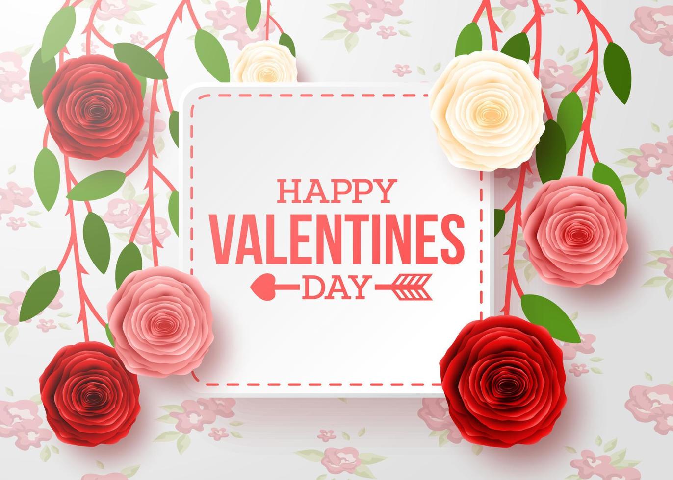 tarjeta de felicitación del día de san valentín con flor de rosa y fondo de corazones vector