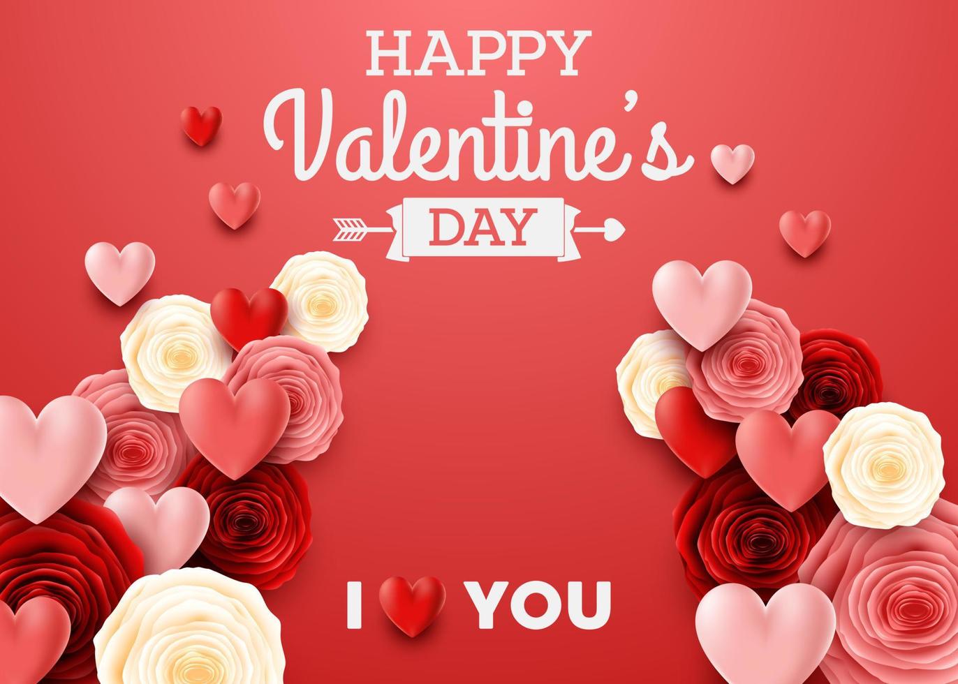tarjeta de felicitación del día de san valentín con flor de rosa y fondo de corazones vector