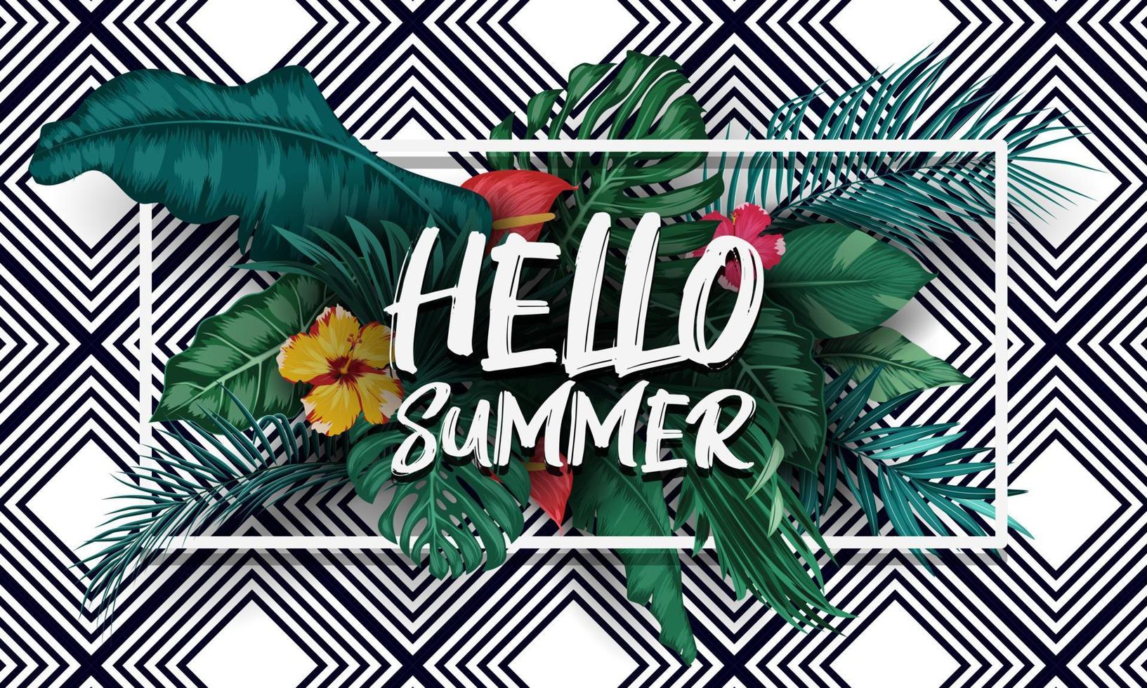 Hello Summer background with Tropical plants and birds collection set vector