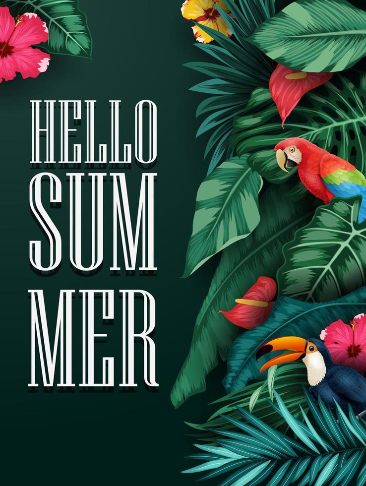 Hello Summer background with Tropical plants and birds collection set vector