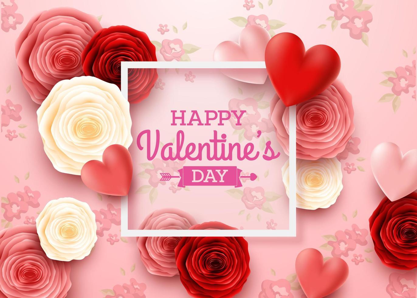 Valentines day greeting card with rose flower and hearts background vector