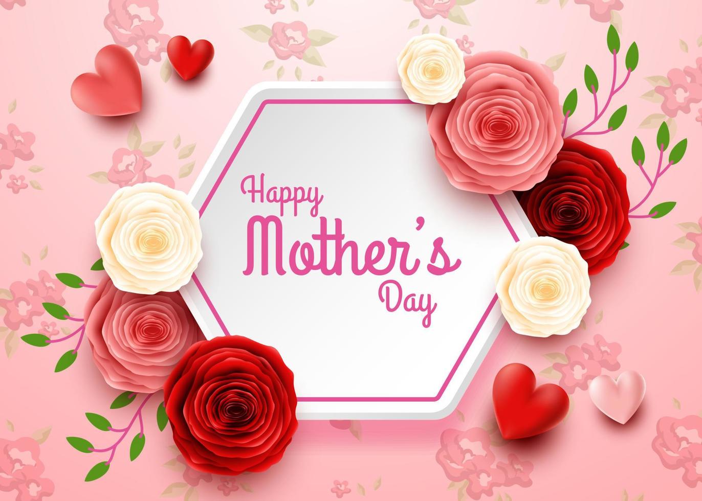 Happy Mother's Day with rose flowers and hearts vector