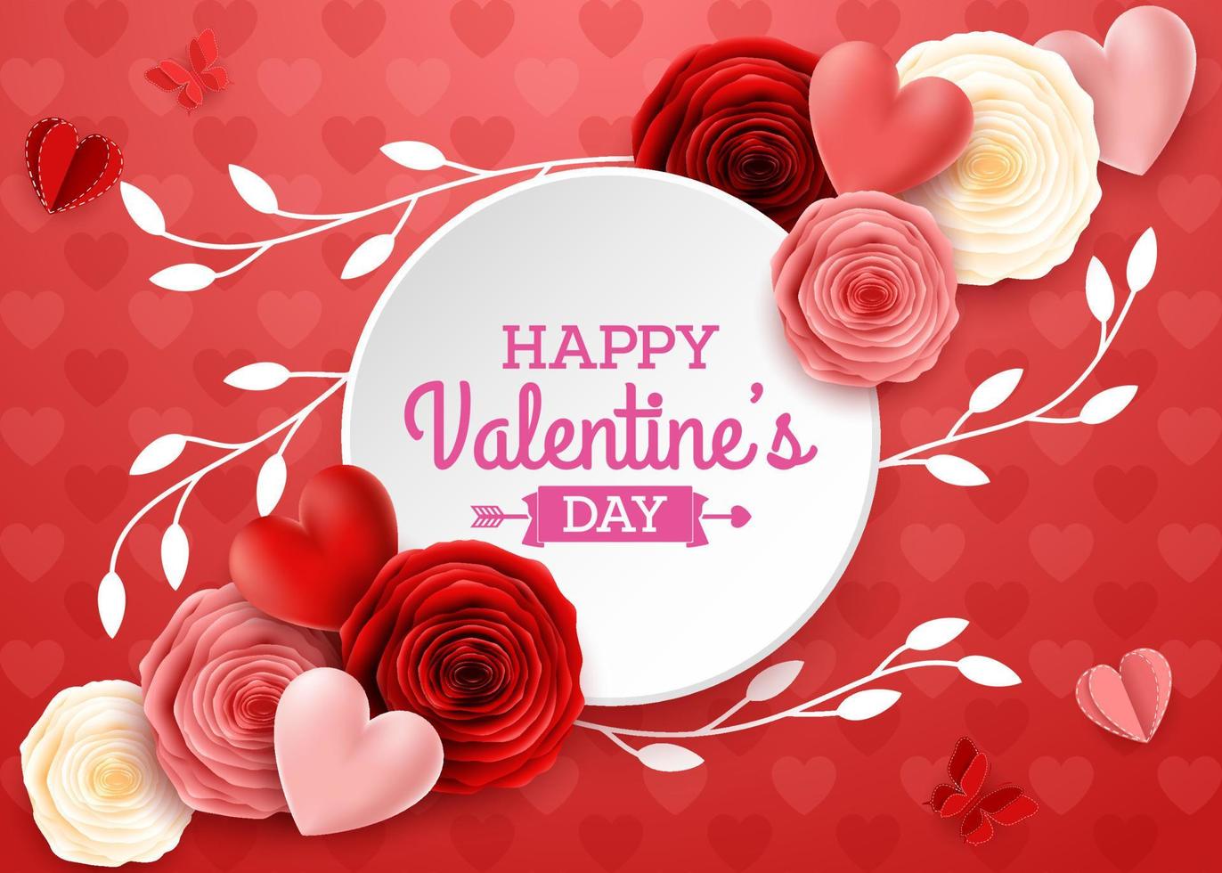 tarjeta de felicitación del día de san valentín con flor de rosa y fondo de corazones vector