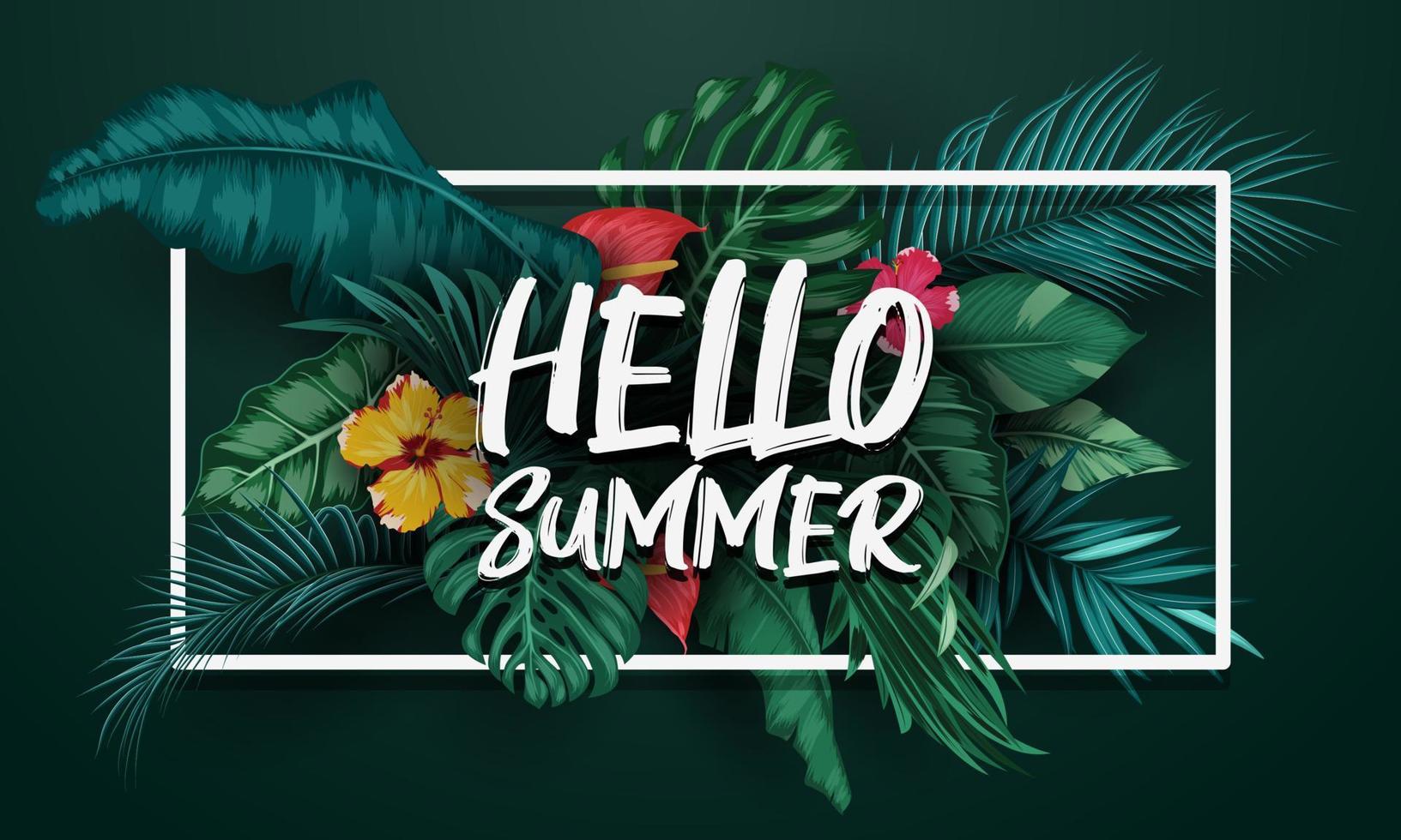 Hello Summer background with Tropical plants and birds collection set vector
