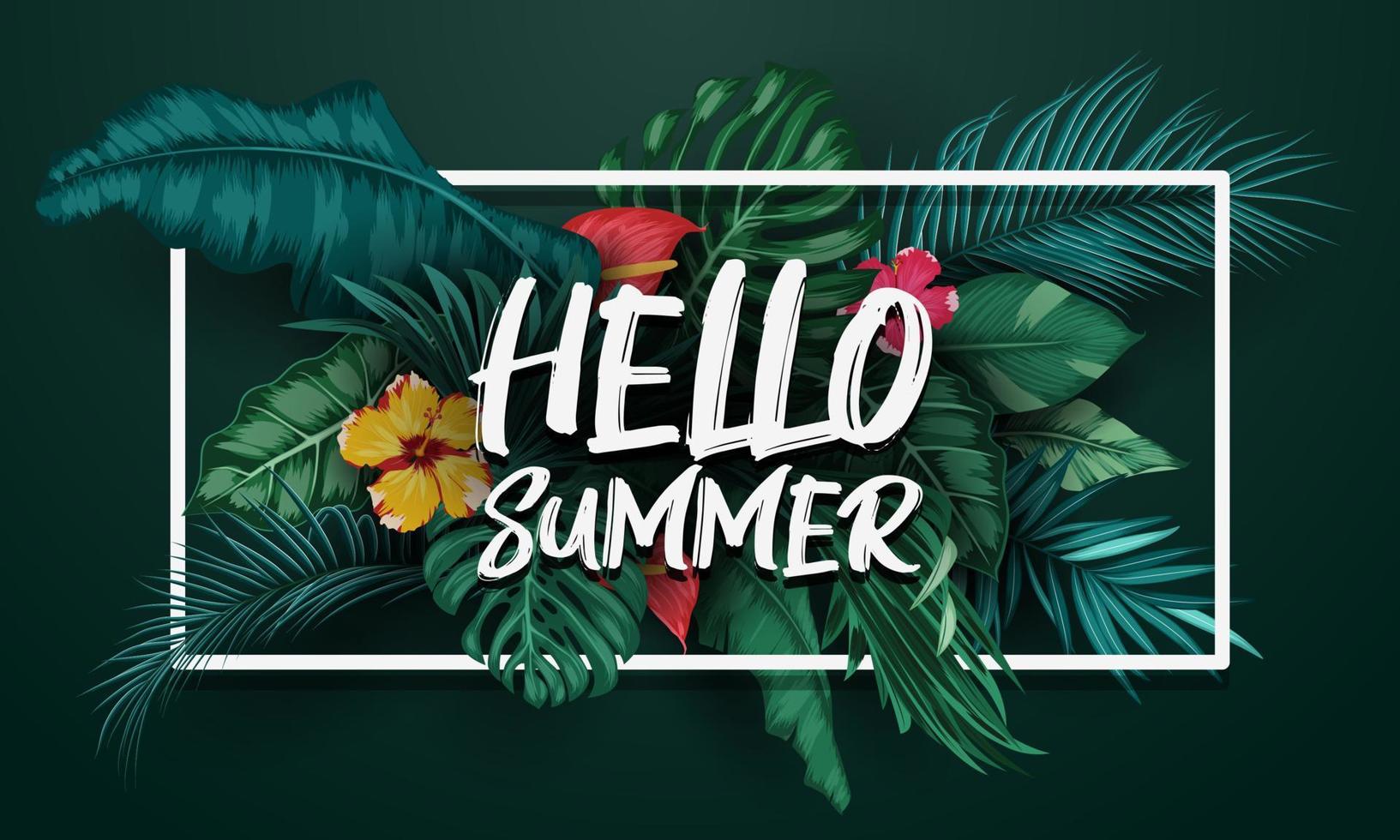 hola fondo de verano con conjunto de colección de plantas y pájaros tropicales vector