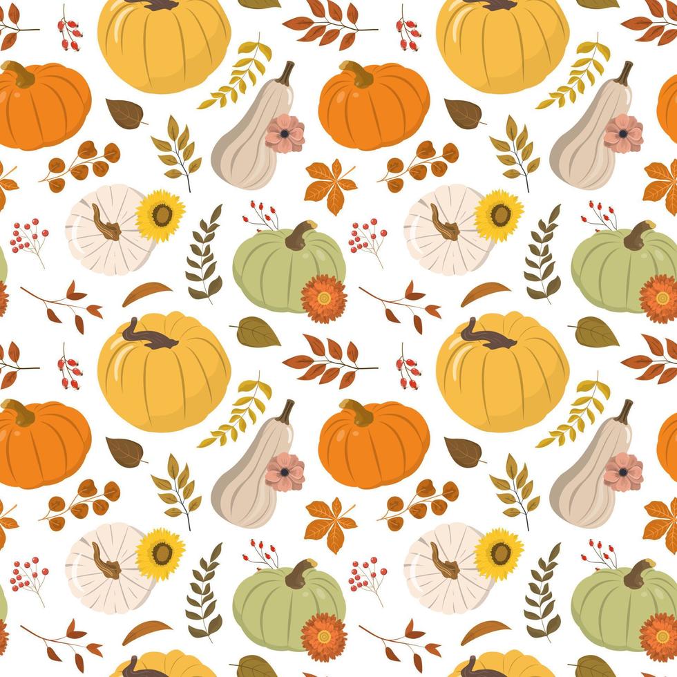 Autumn floral seamless background with orange, beige and yellow pumpkins, forest leaves and red berries. Isolated on white background. Autumn harvest illustration. Thanksgiving wallpaper. vector