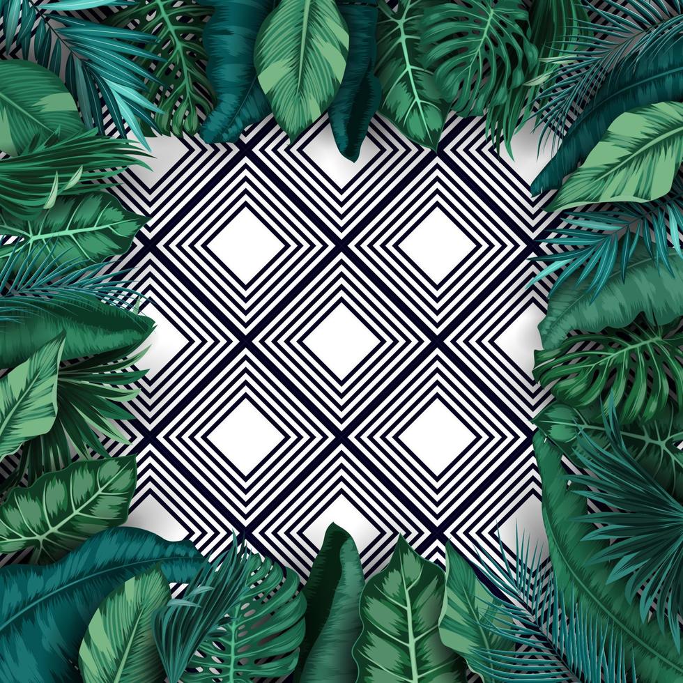 Green summer with tropical leaves and flowers on pattern striped background vector