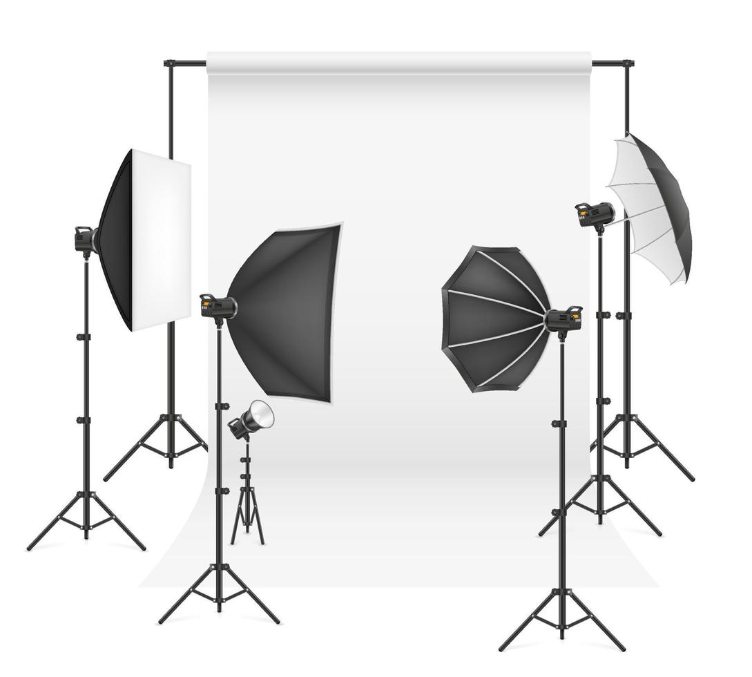 backdrop in photo studio with flashes and softboxes on tripods indoors vector illustration isolated on white background