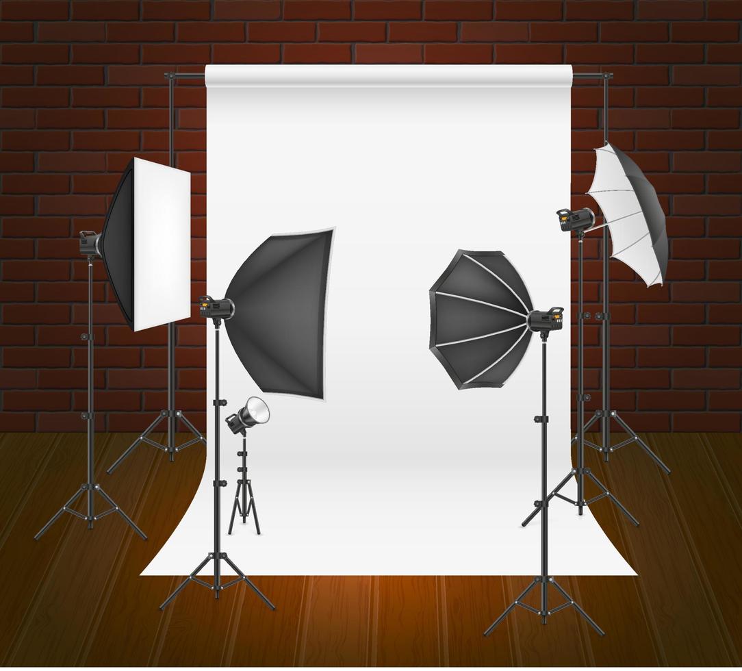 backdrop in photo studio with flashes and softboxes on tripods indoors vector illustration isolated on white background