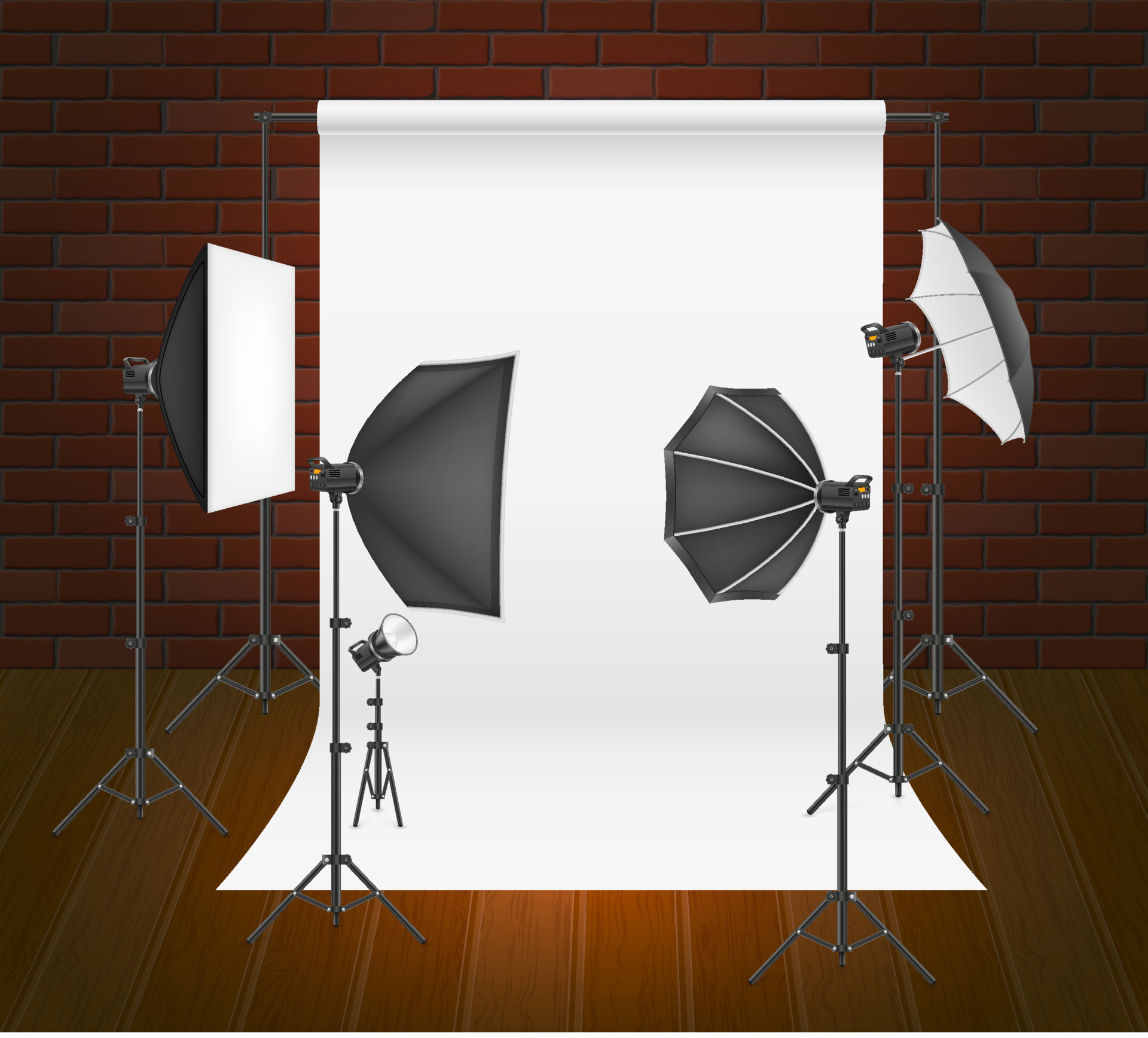 backdrop in photo studio with flashes and softboxes on tripods indoors