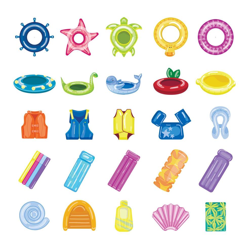 Pool equipment icons set cartoon vector. Snorkle pool vector