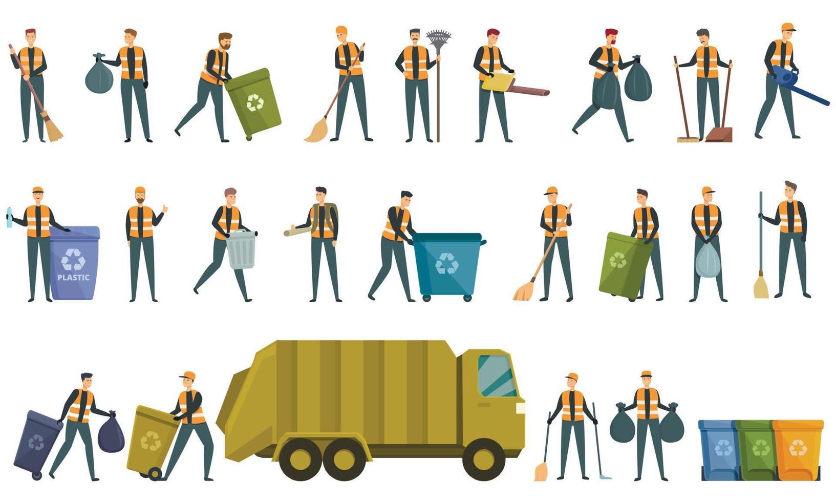 Man street cleaner icons set cartoon vector. Mask collector vector