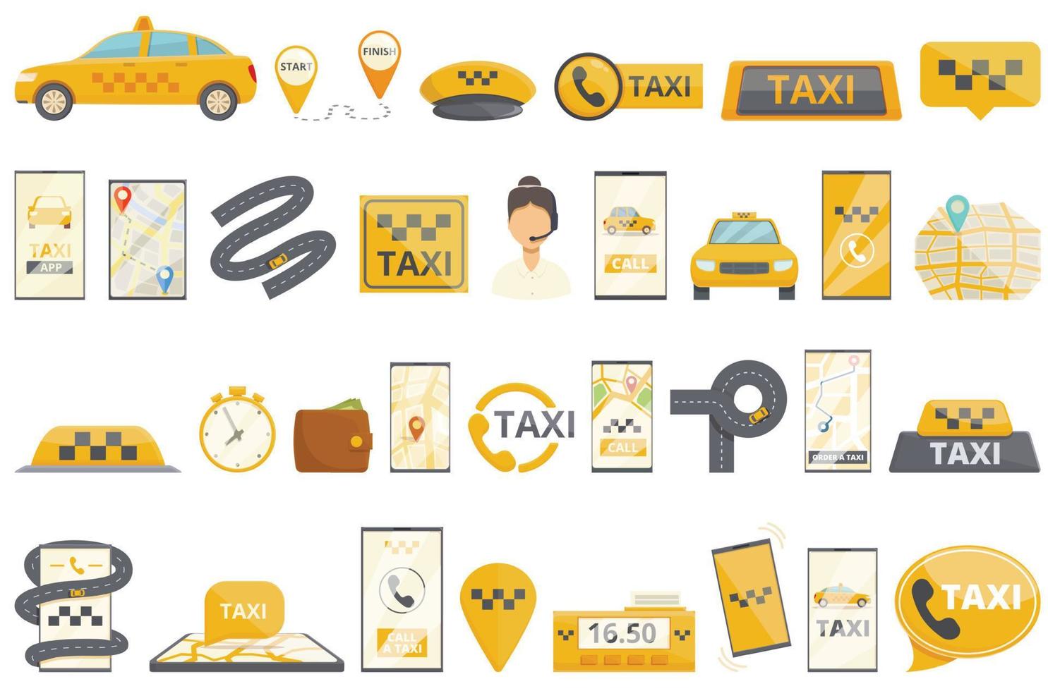 conjunto de iconos de llamada de taxi vector de dibujos animados. aplicación en línea