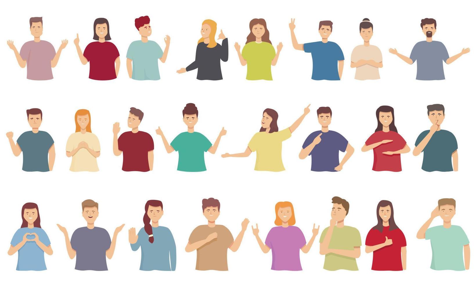 People talking with hand gesture icons set cartoon vector. People say vector