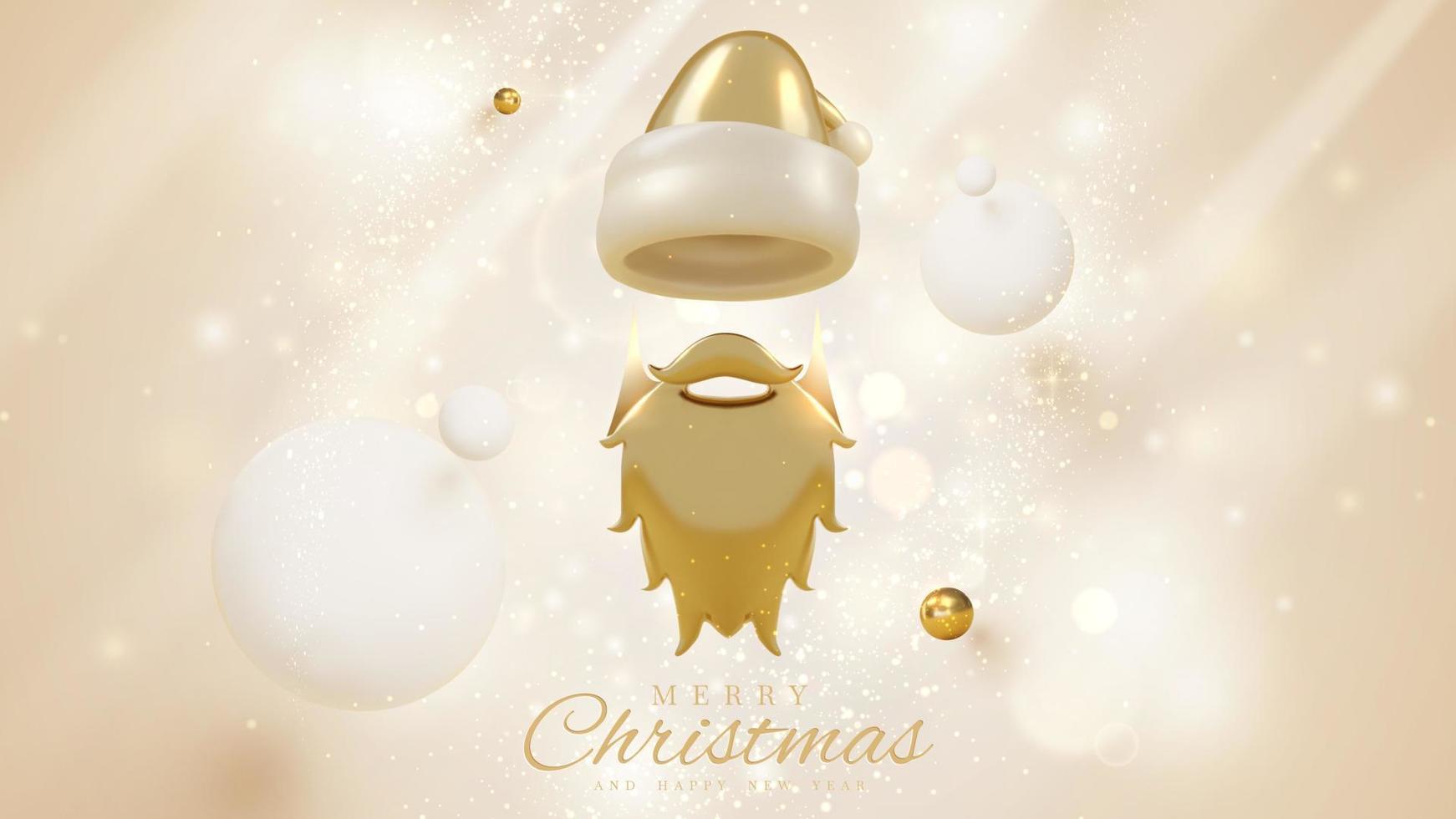 Luxury background of happy new year with realistic 3d merry christmas ornaments with gold santa claus hat elements and beard with balls. Vector illustration.