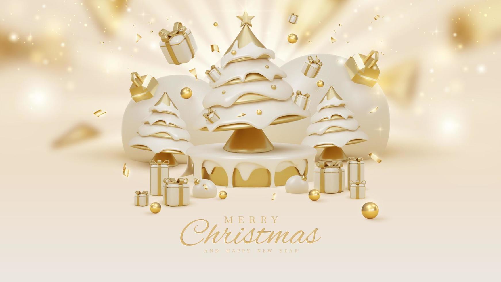 Luxury background concept of happy new year and realistic 3d merry christmas ornaments. Space for product banner promote. Vector illustration.