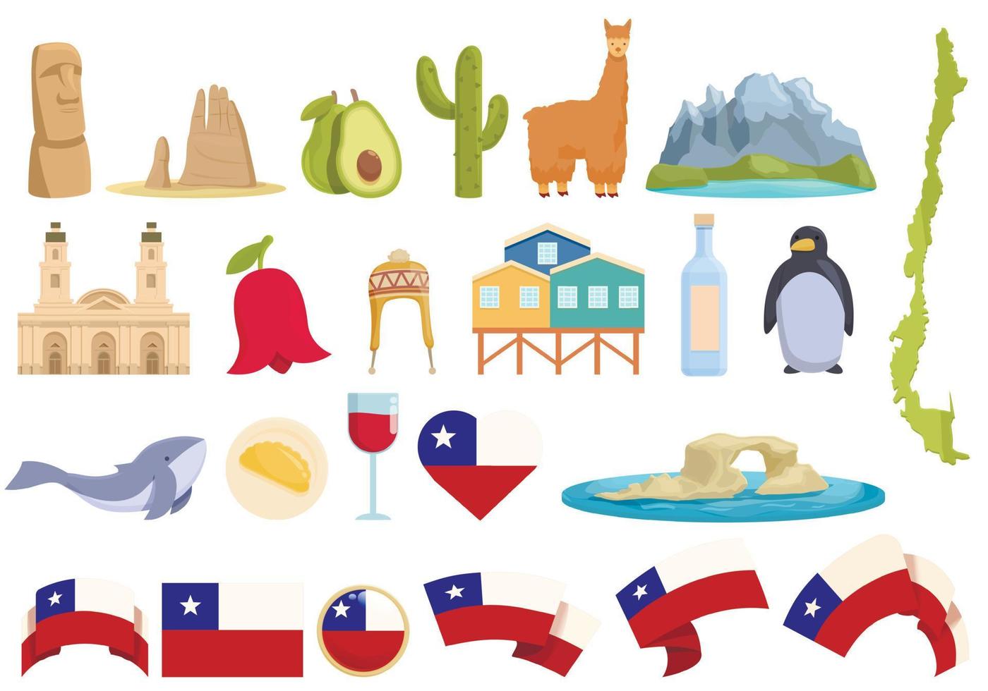 Chile icons set cartoon vector. Map adventure vector