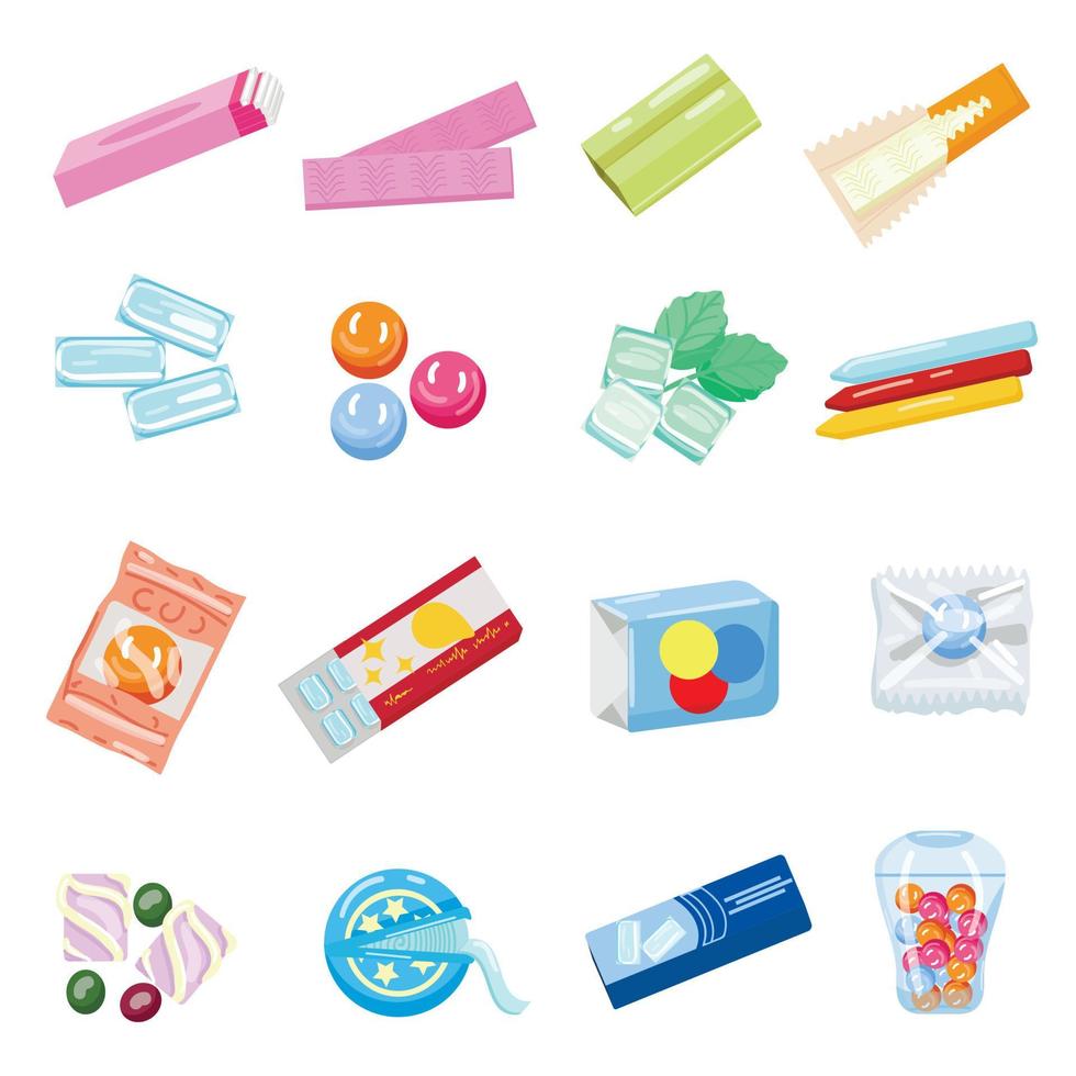 Gum icons set cartoon vector. Chewing bubble vector