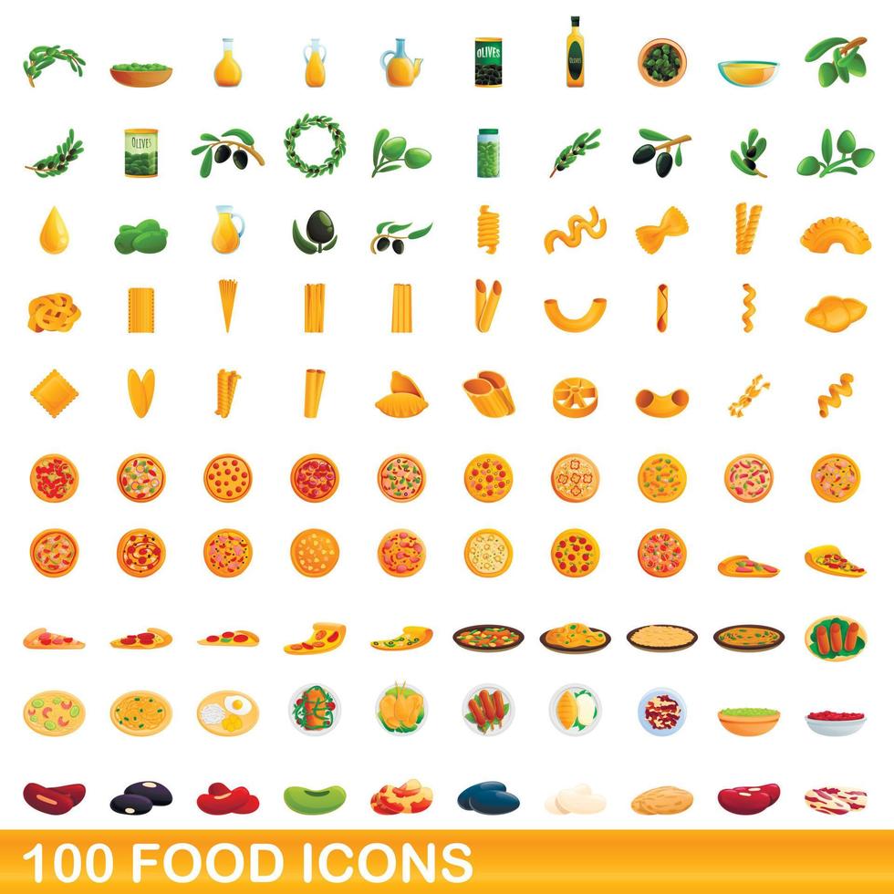 100 food icons set, cartoon style vector