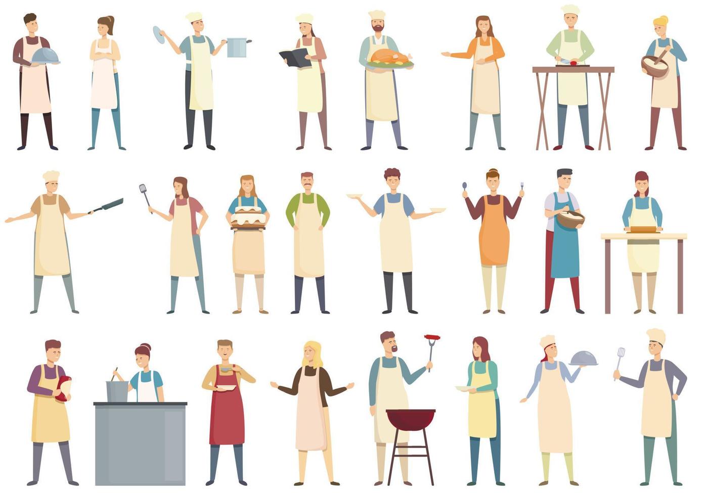 Couples cook icons set cartoon vector. Apron chef vector