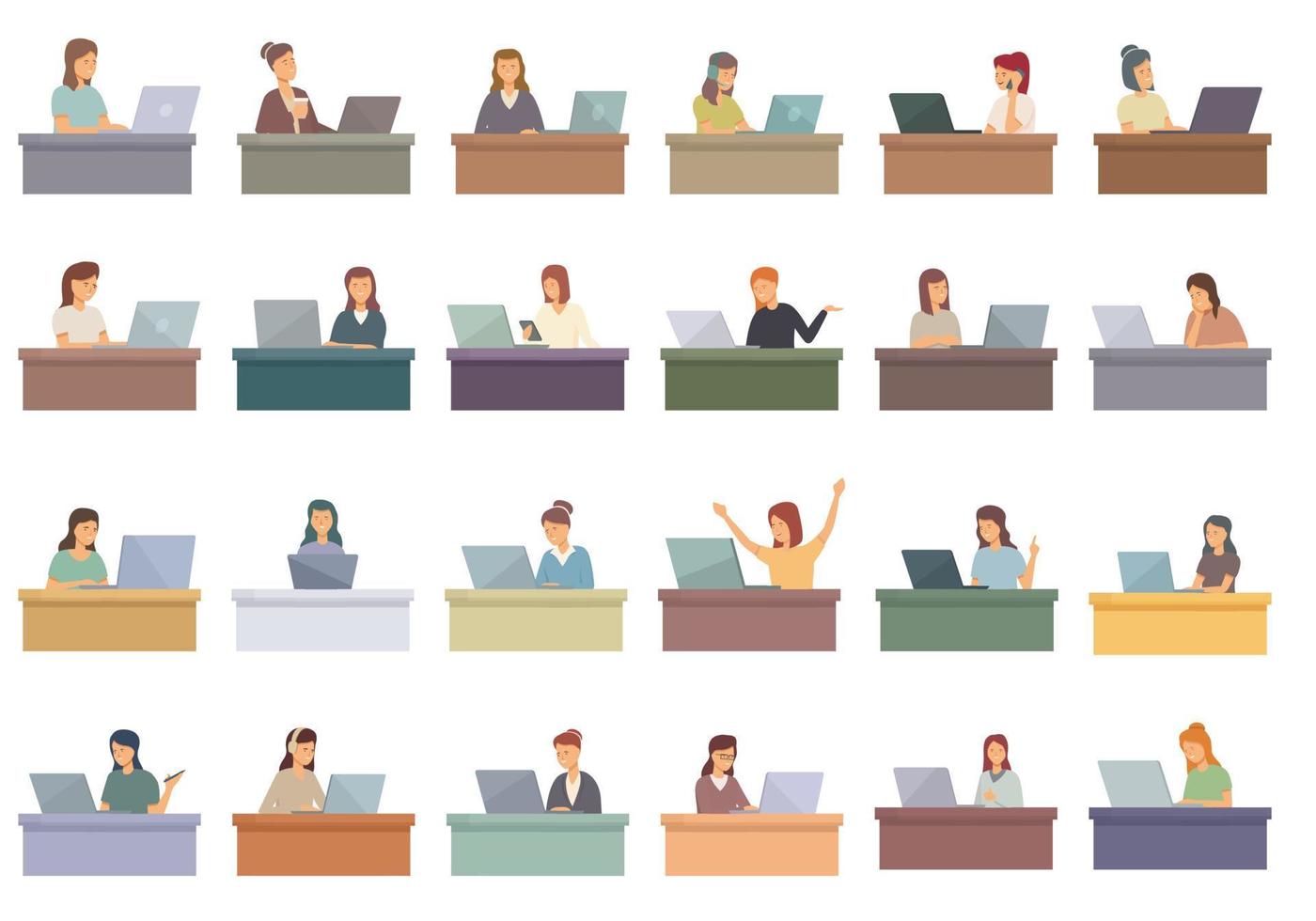 Woman with laptop icons set cartoon vector. Work people vector