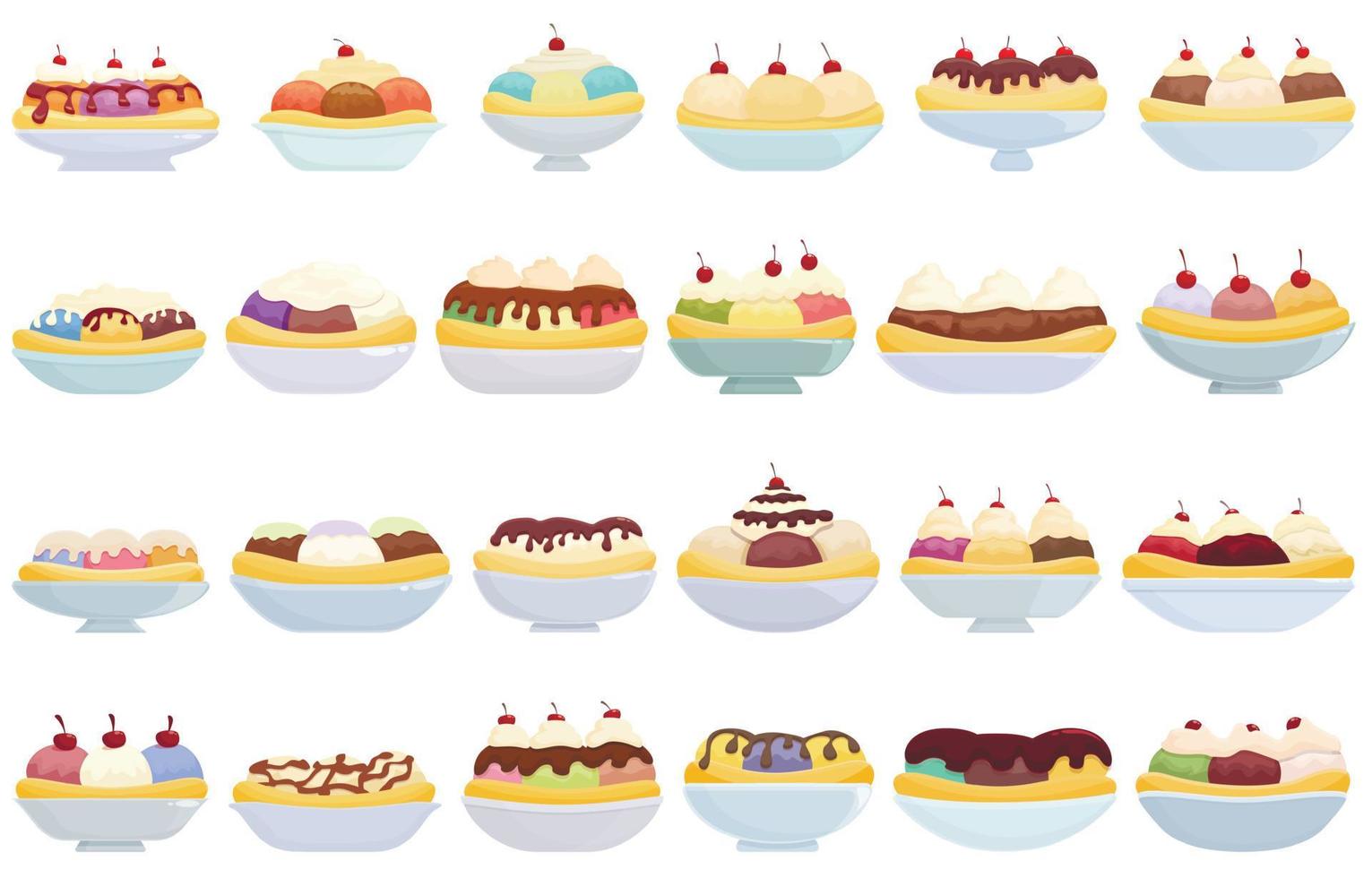 Banana split icons set cartoon vector. Calories cream vector