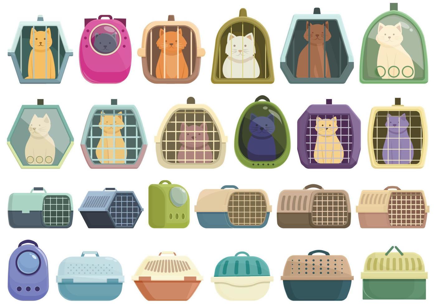 Cat carrier icons set cartoon vector. Cage canine vector