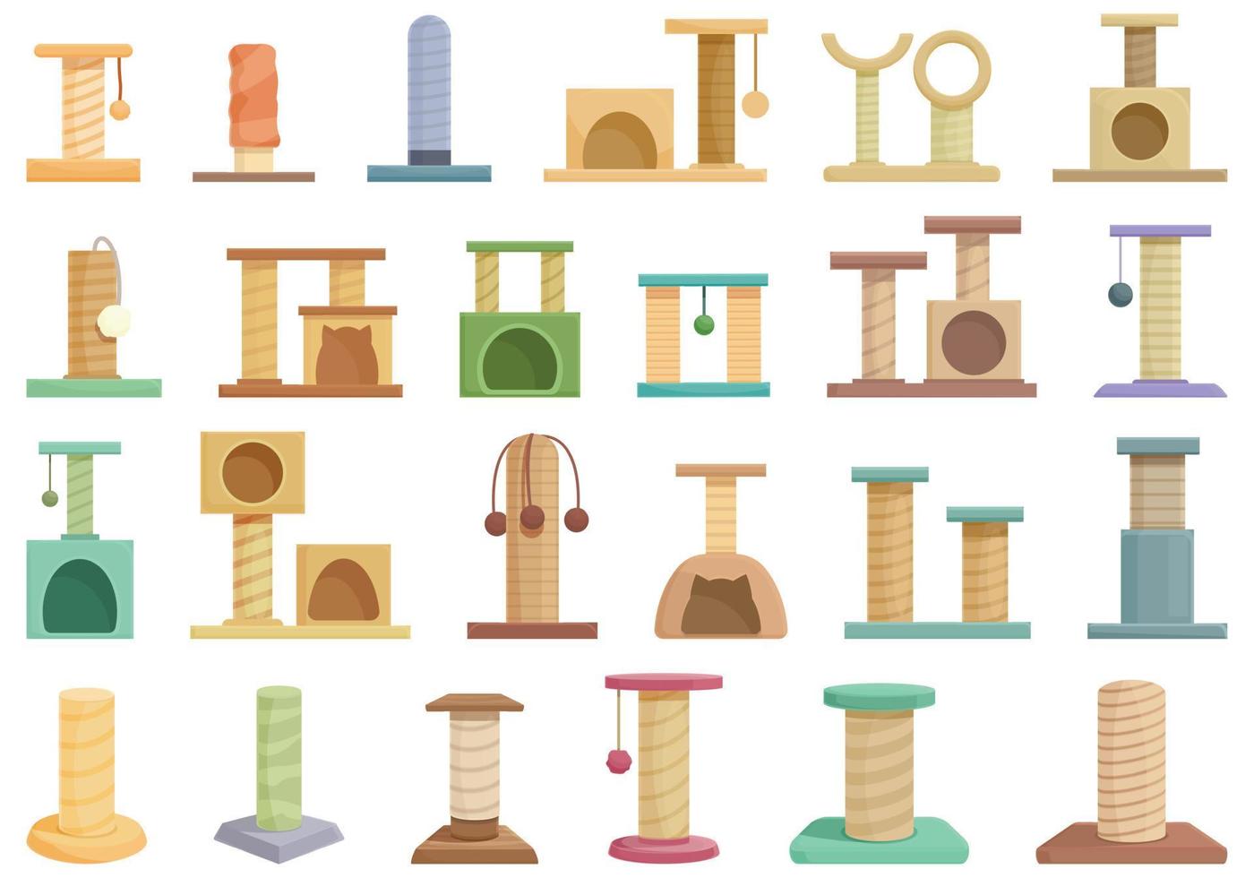 Cats scratching post icons set cartoon vector. Tree tower vector