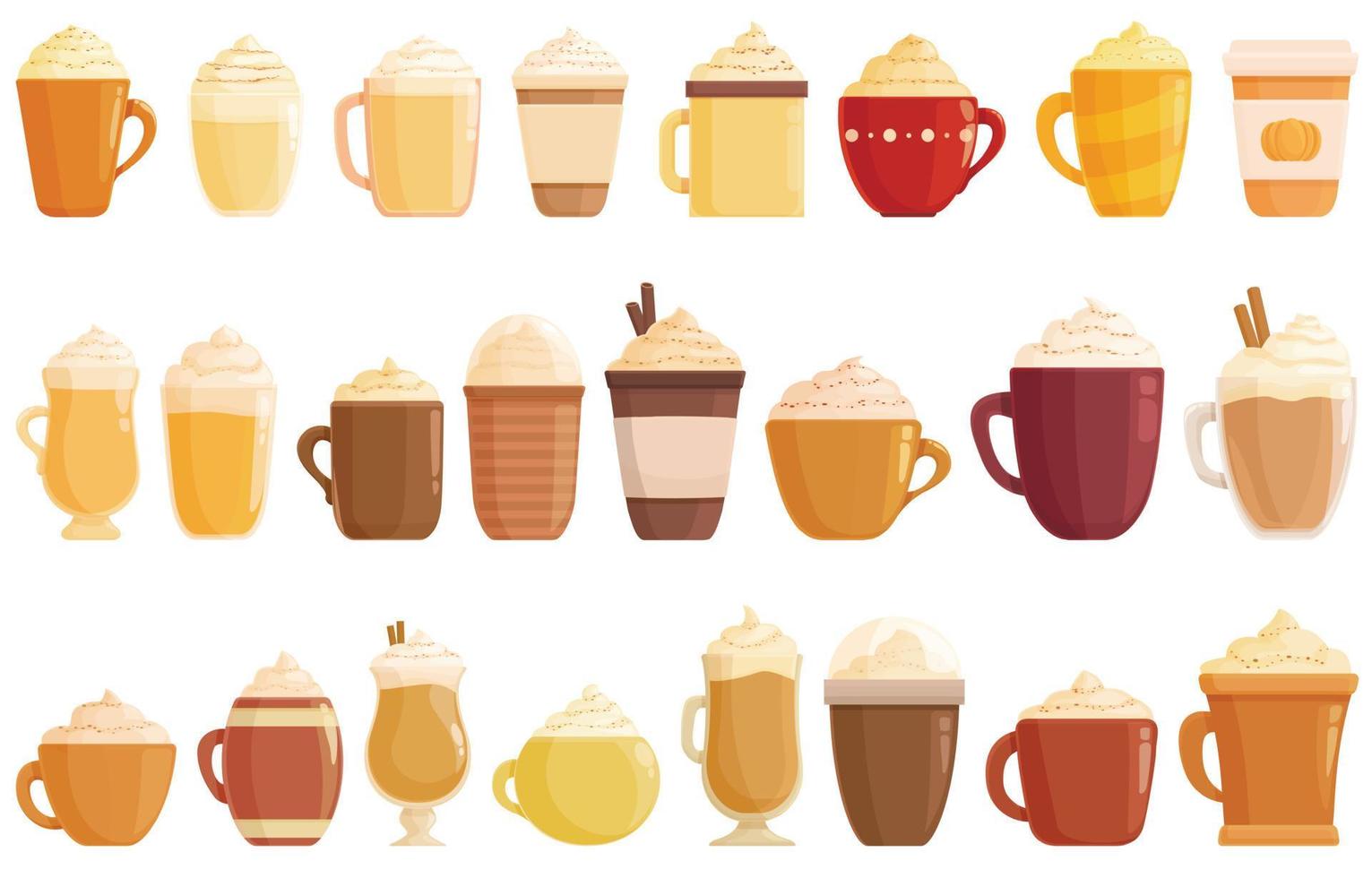 Pumpkin spice latte icons set cartoon vector. Frappe spice vector