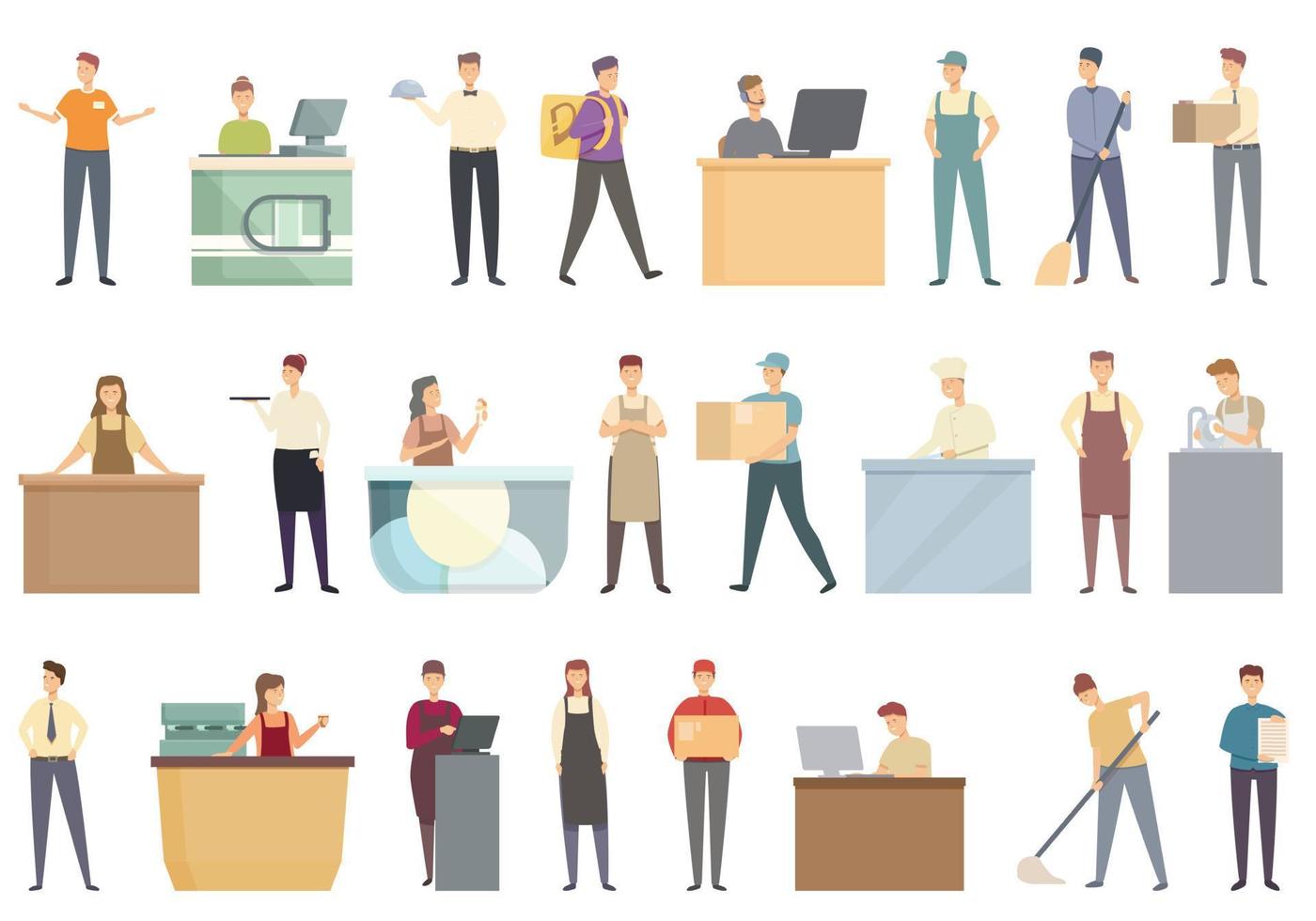 Teenagers first job icons set cartoon vector. School girl vector