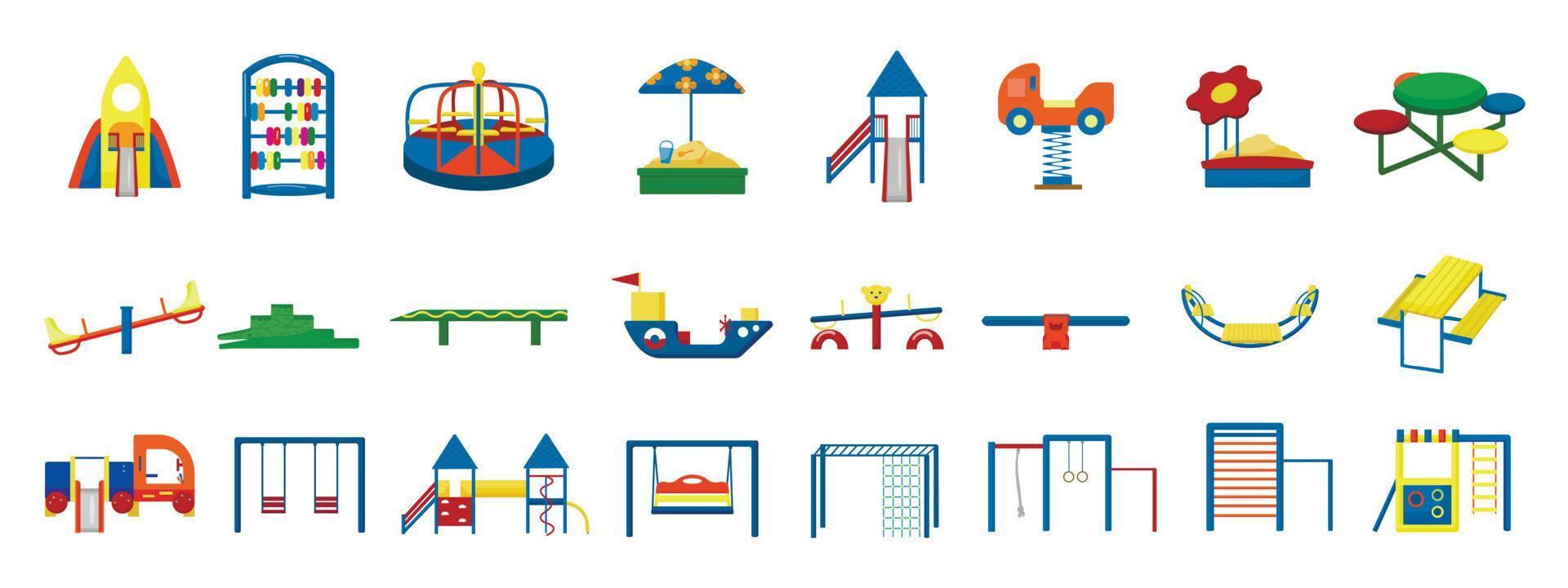 los iconos del patio de recreo infantil establecen el vector de dibujos animados. deporte al aire libre