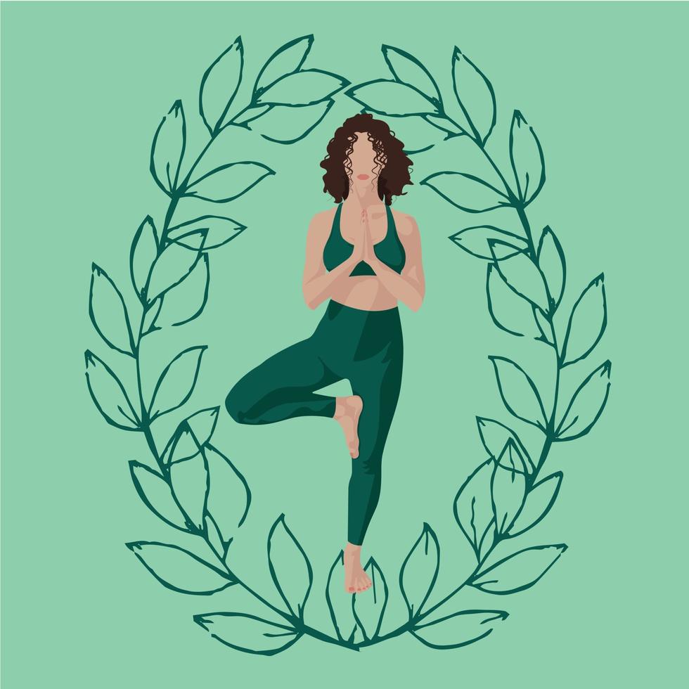 Poster, The girl is engaged in yoga, yoga, fair-skinned, light green background, twigs of leaves. vector illustration