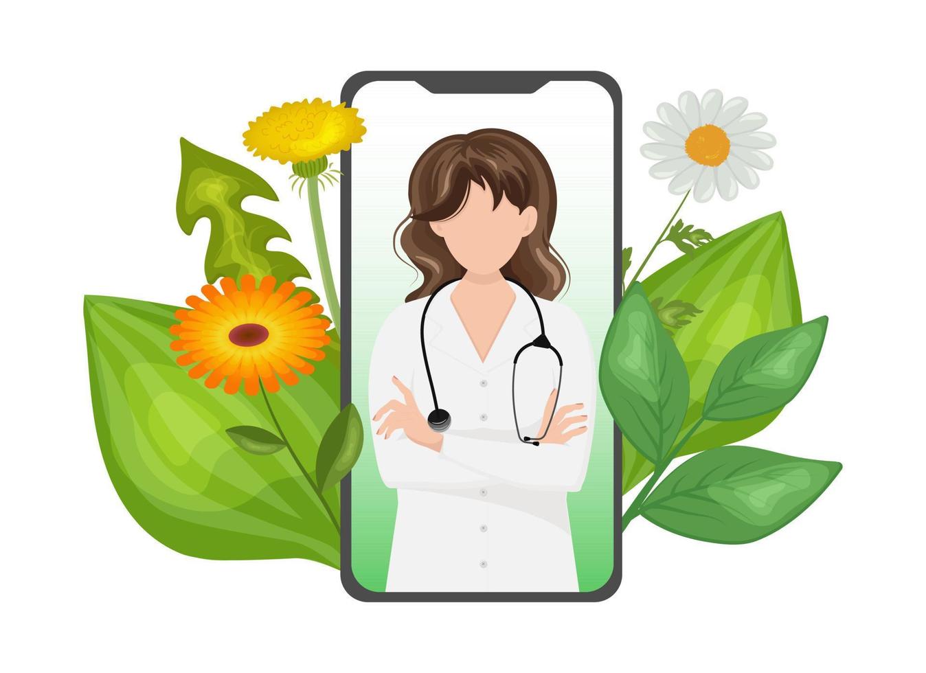 isolated doctor in the phone, leaves background vector