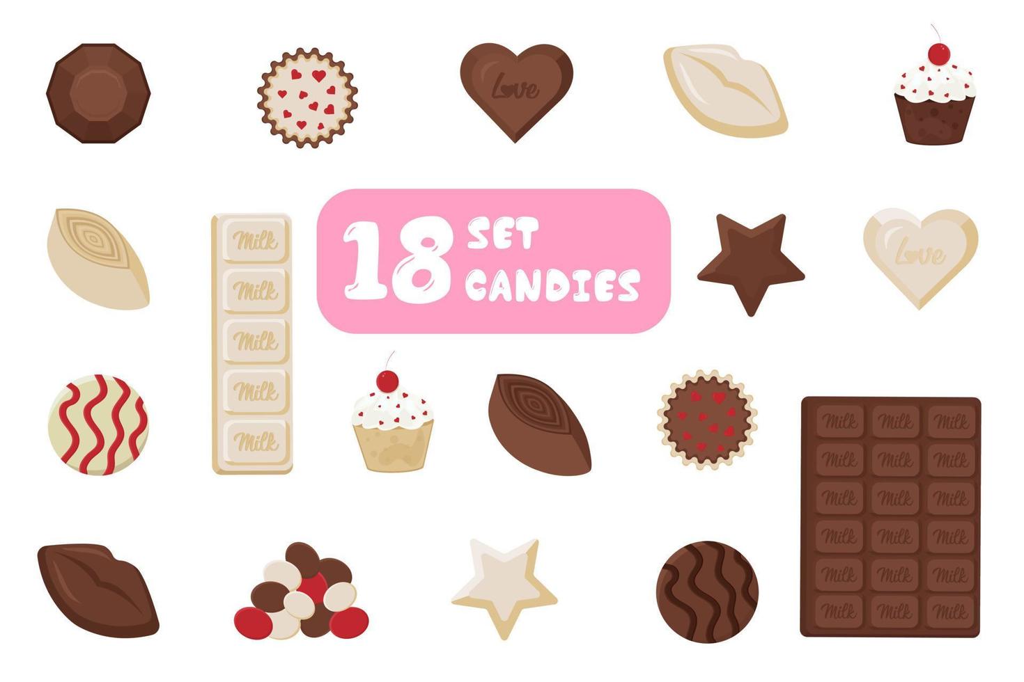 conjunto de 18 chocolates, iconos vector