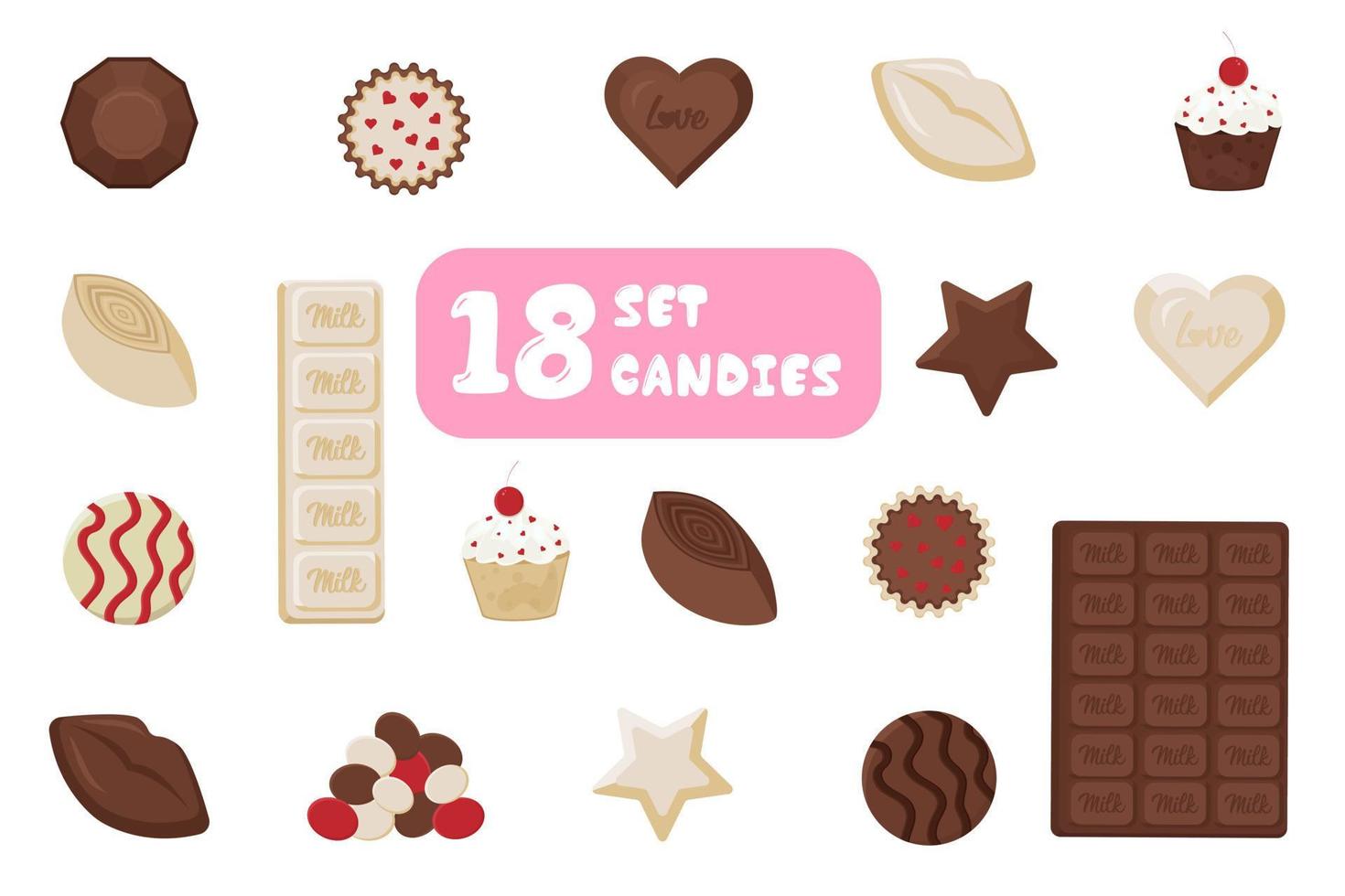 Set of 18 chocolates, icons vector